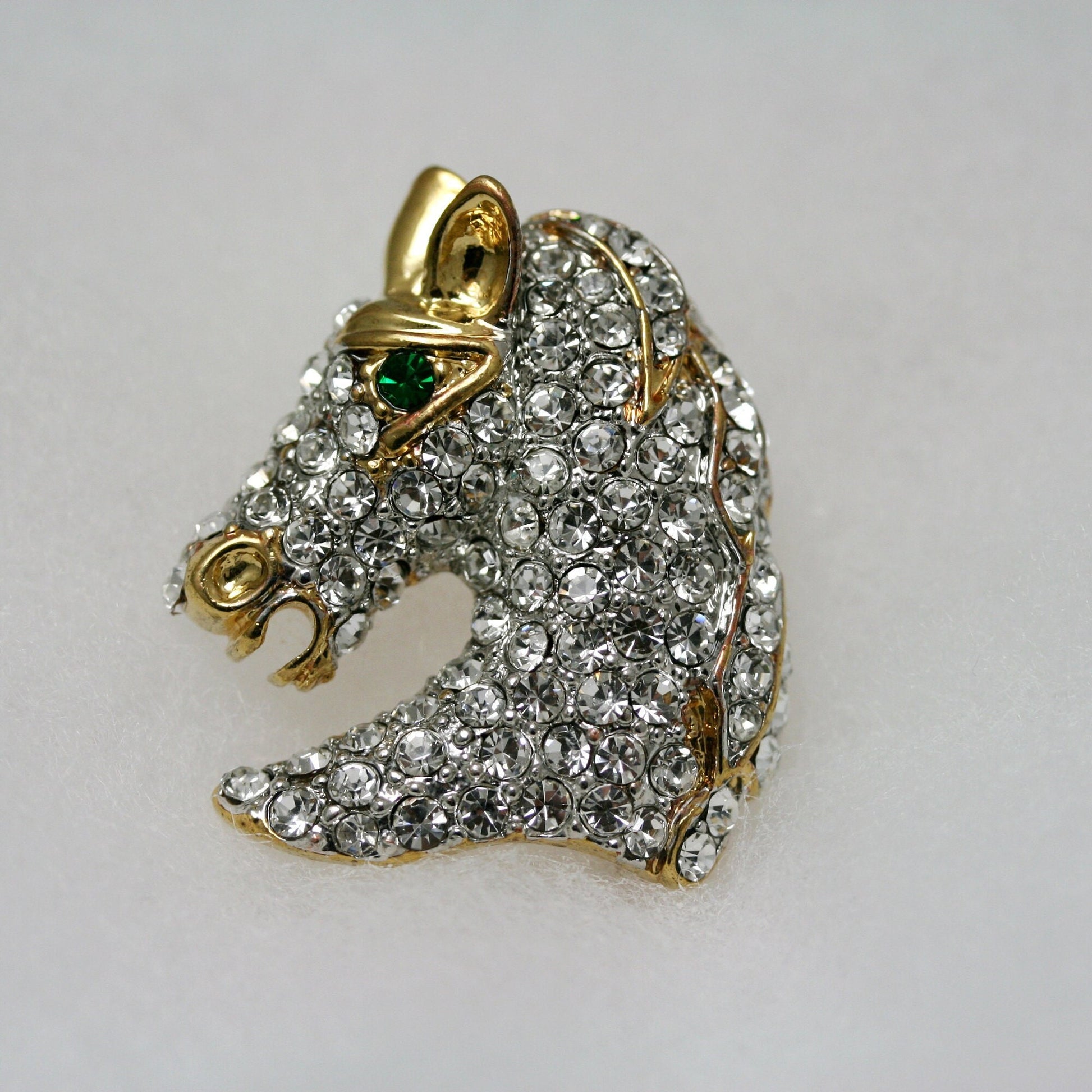 Vintage Rhinestone horse head Pin Crystal and gold