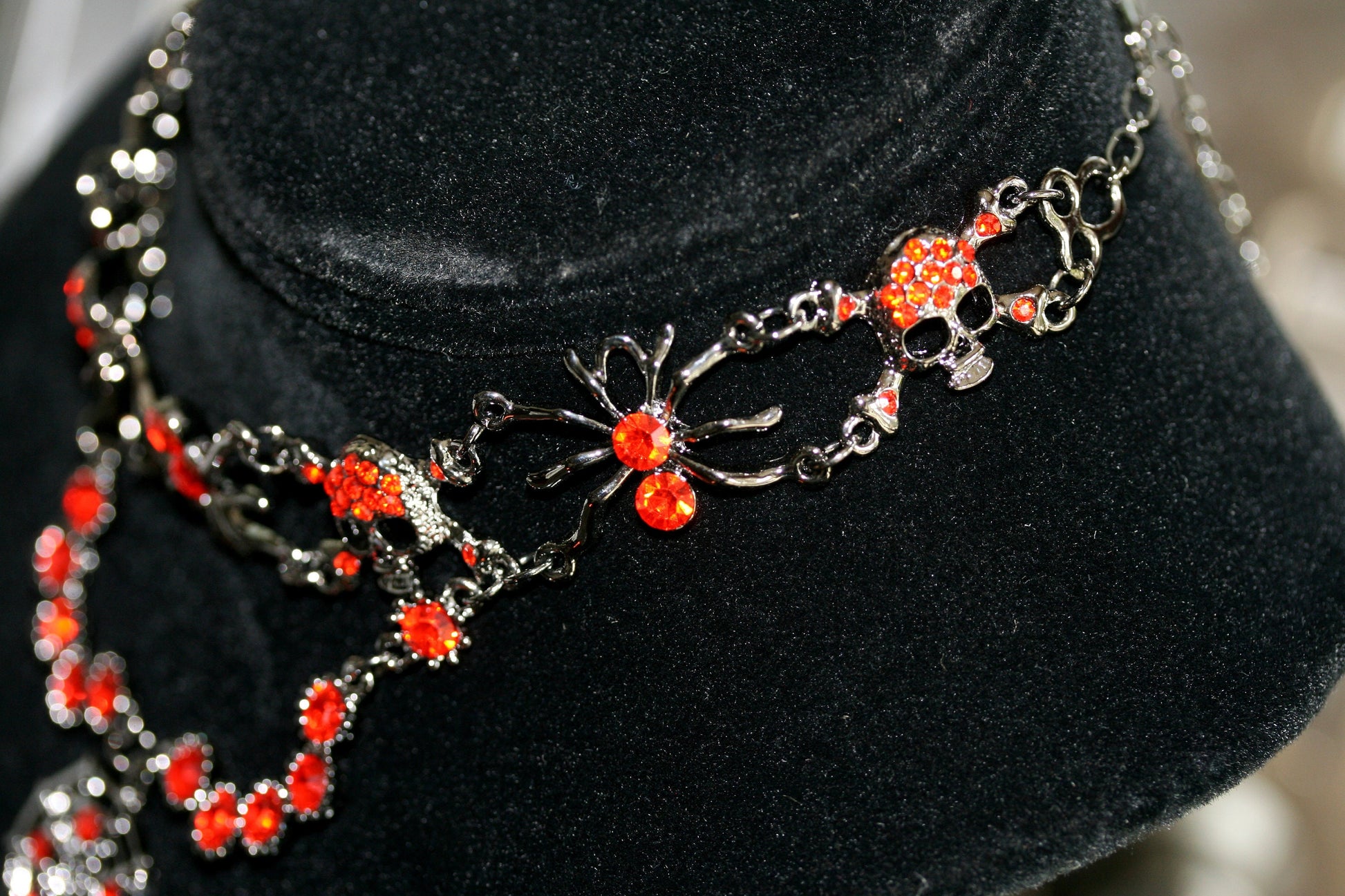 Vintage Halloween Rhinestone Spider, Web, Skull Choker Necklace Jewelry