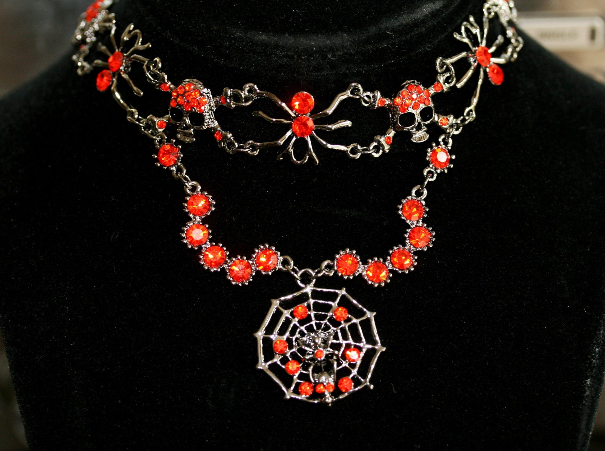 Vintage Halloween Rhinestone Spider, Web, Skull Choker Necklace Jewelry