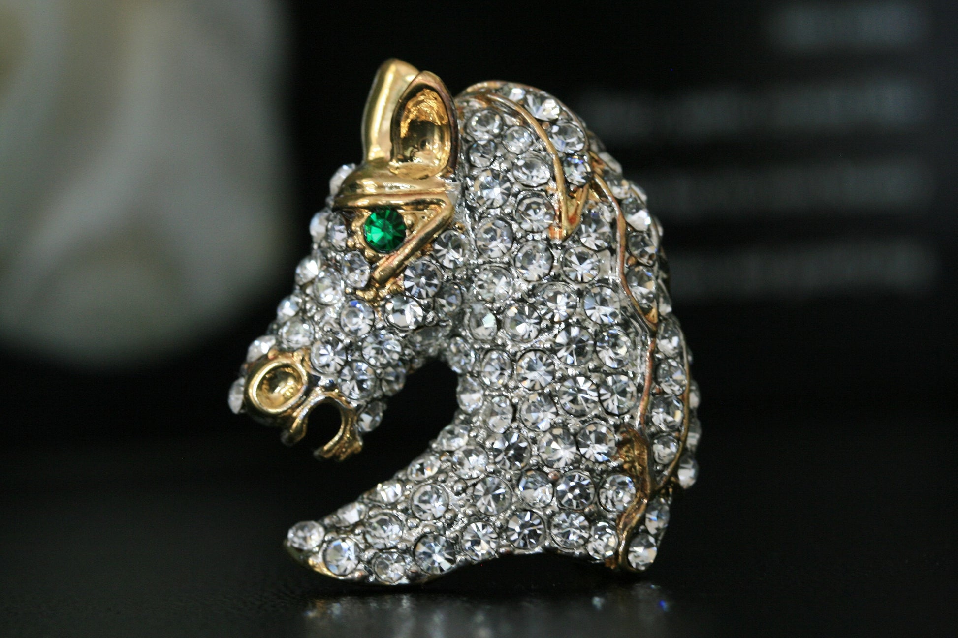 Vintage Rhinestone horse head Pin Crystal and gold