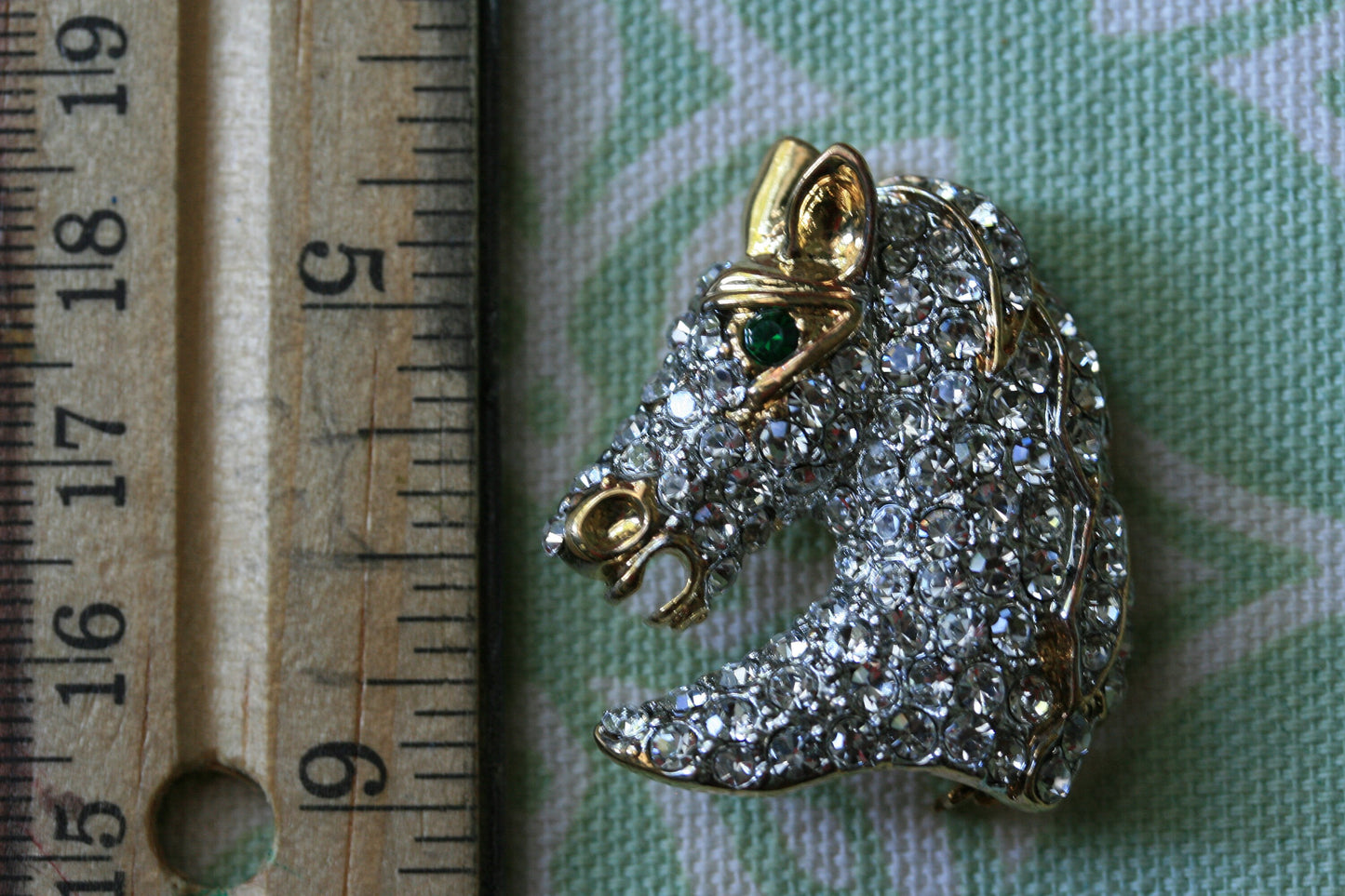 Vintage Rhinestone horse head Pin Crystal and gold