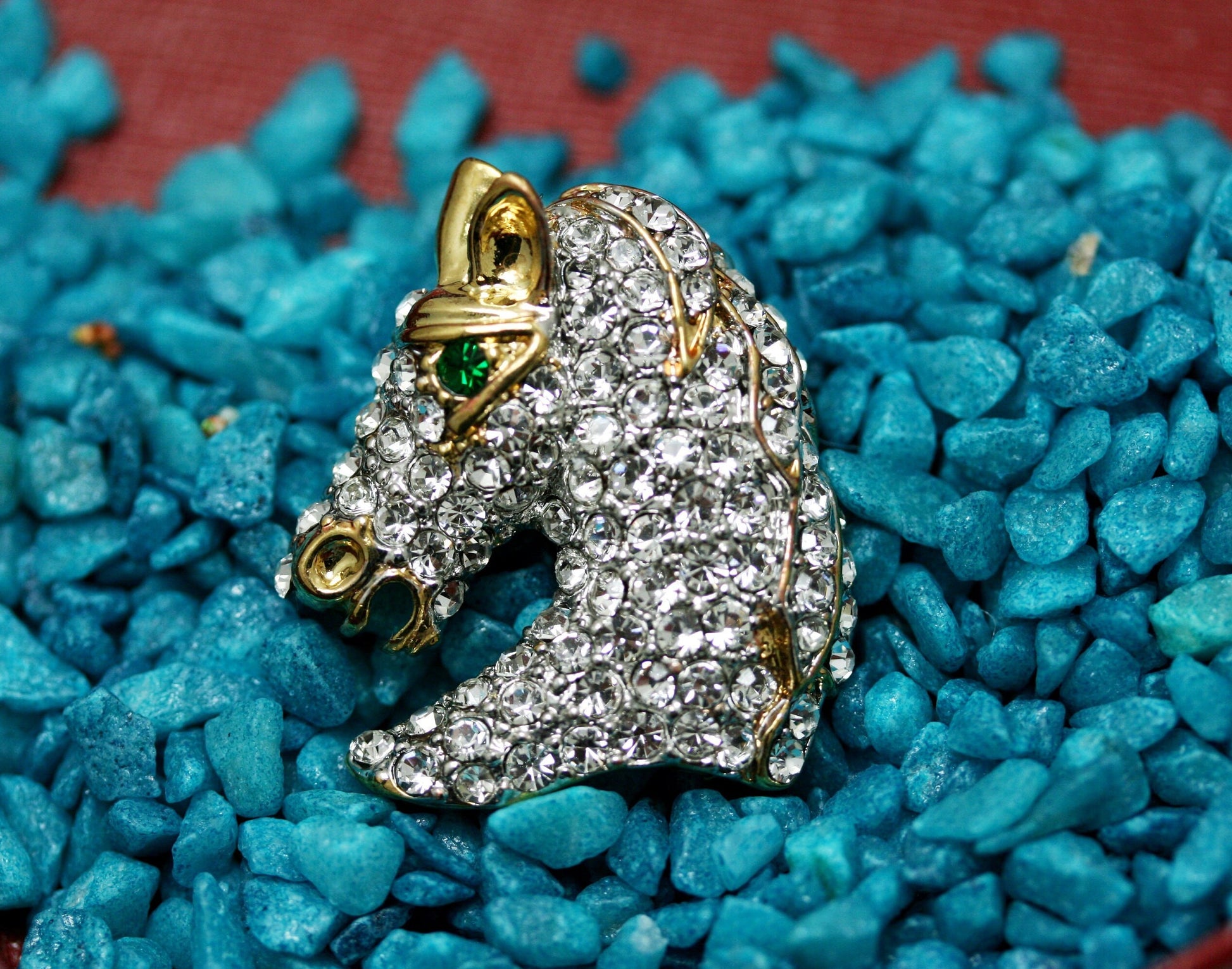 Vintage Rhinestone horse head Pin Crystal and gold