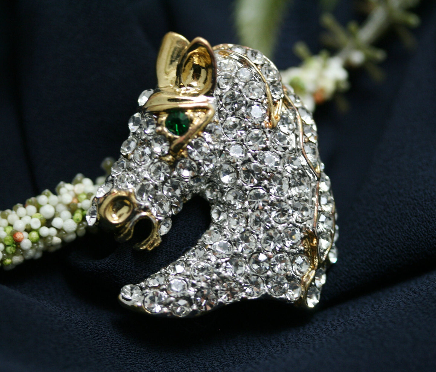 Vintage Rhinestone horse head Pin Crystal and gold