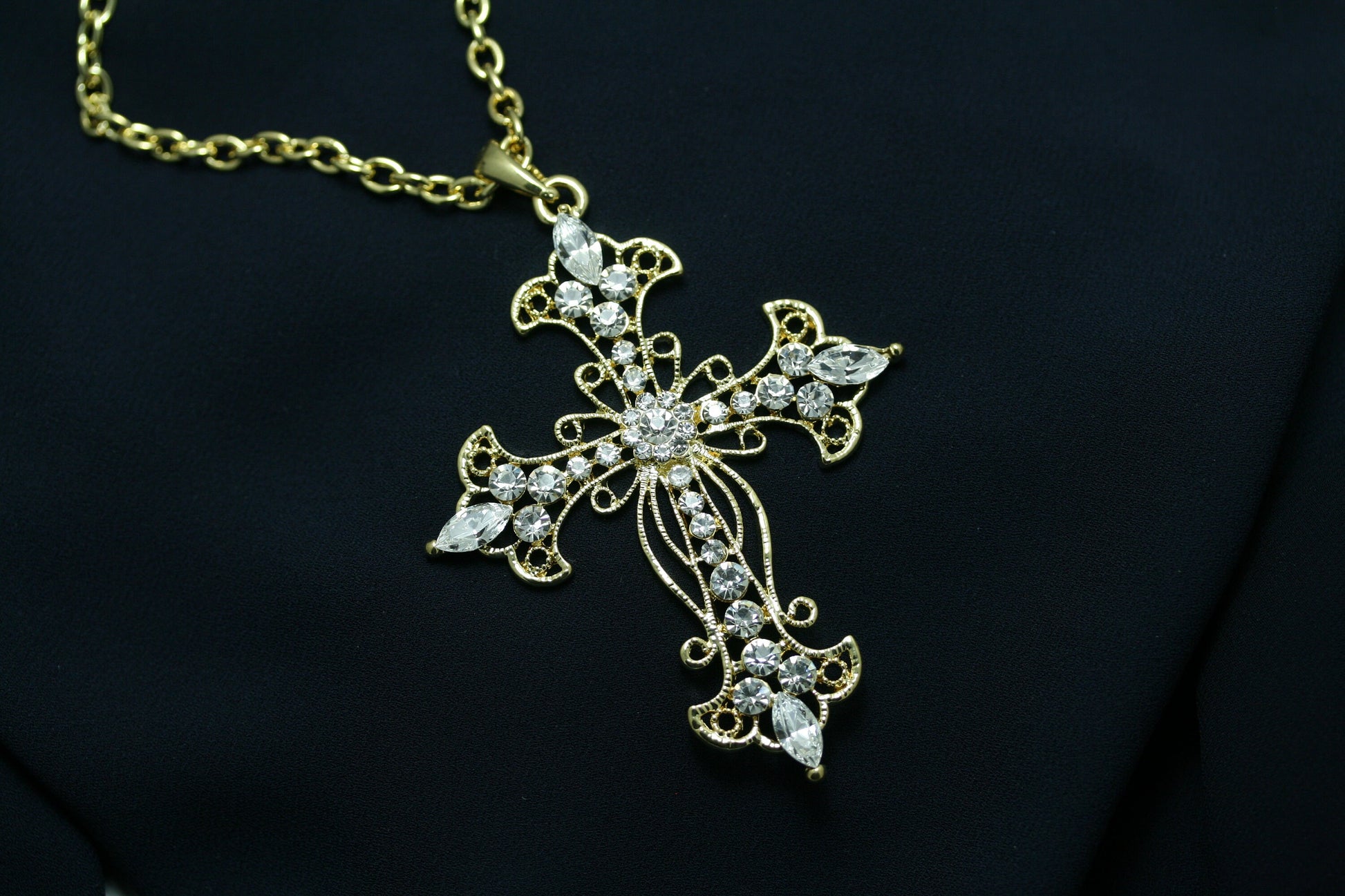 Gold Plated Rhinestone Flower Cross Cubic Zirconia Pendant Necklace
