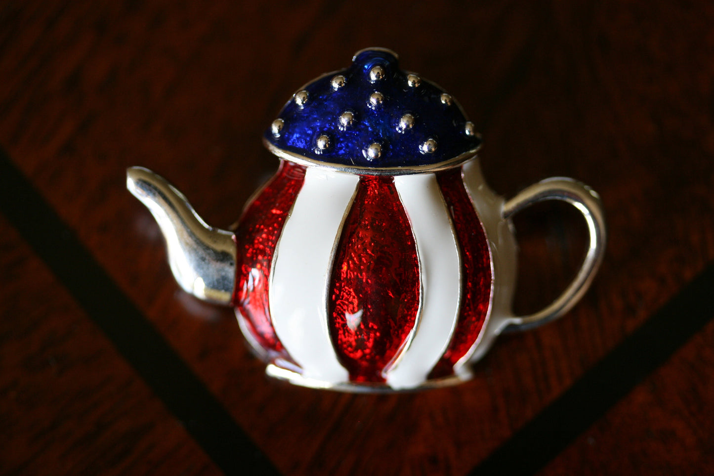 Patriotic Enamel Crystal Teapot Pin American Brooch Red White Blue Brooch American flag teapot kettle brooch, Fourth of July