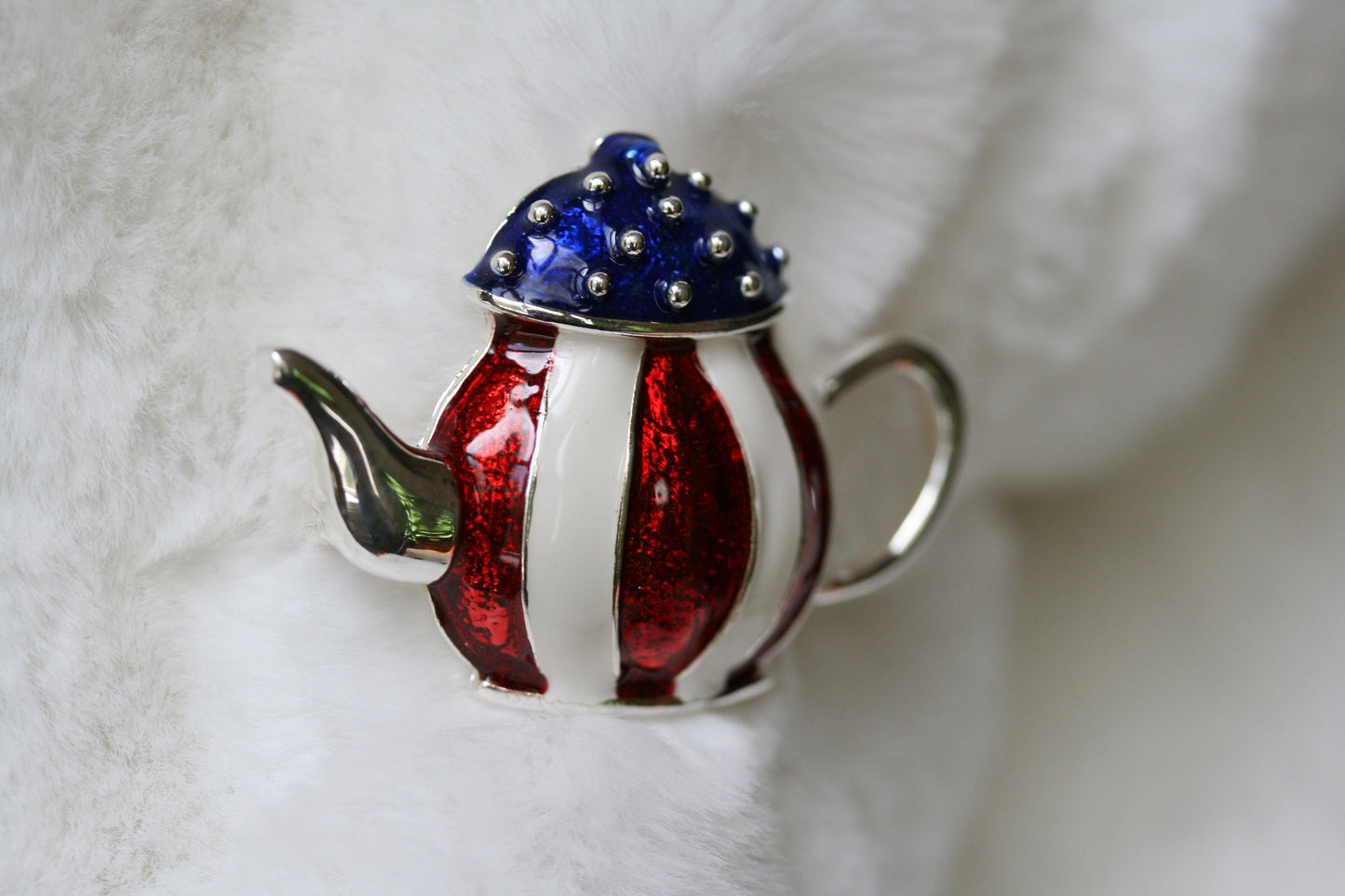 Patriotic Enamel Crystal Teapot Pin American Brooch Red White Blue Brooch American flag teapot kettle brooch, Fourth of July