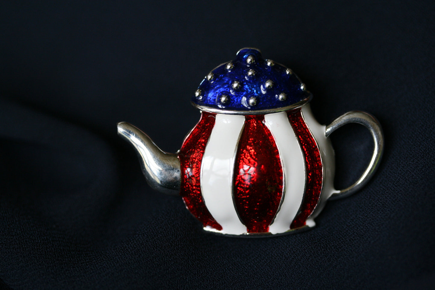 Patriotic Enamel Crystal Teapot Pin American Brooch Red White Blue Brooch American flag teapot kettle brooch, Fourth of July