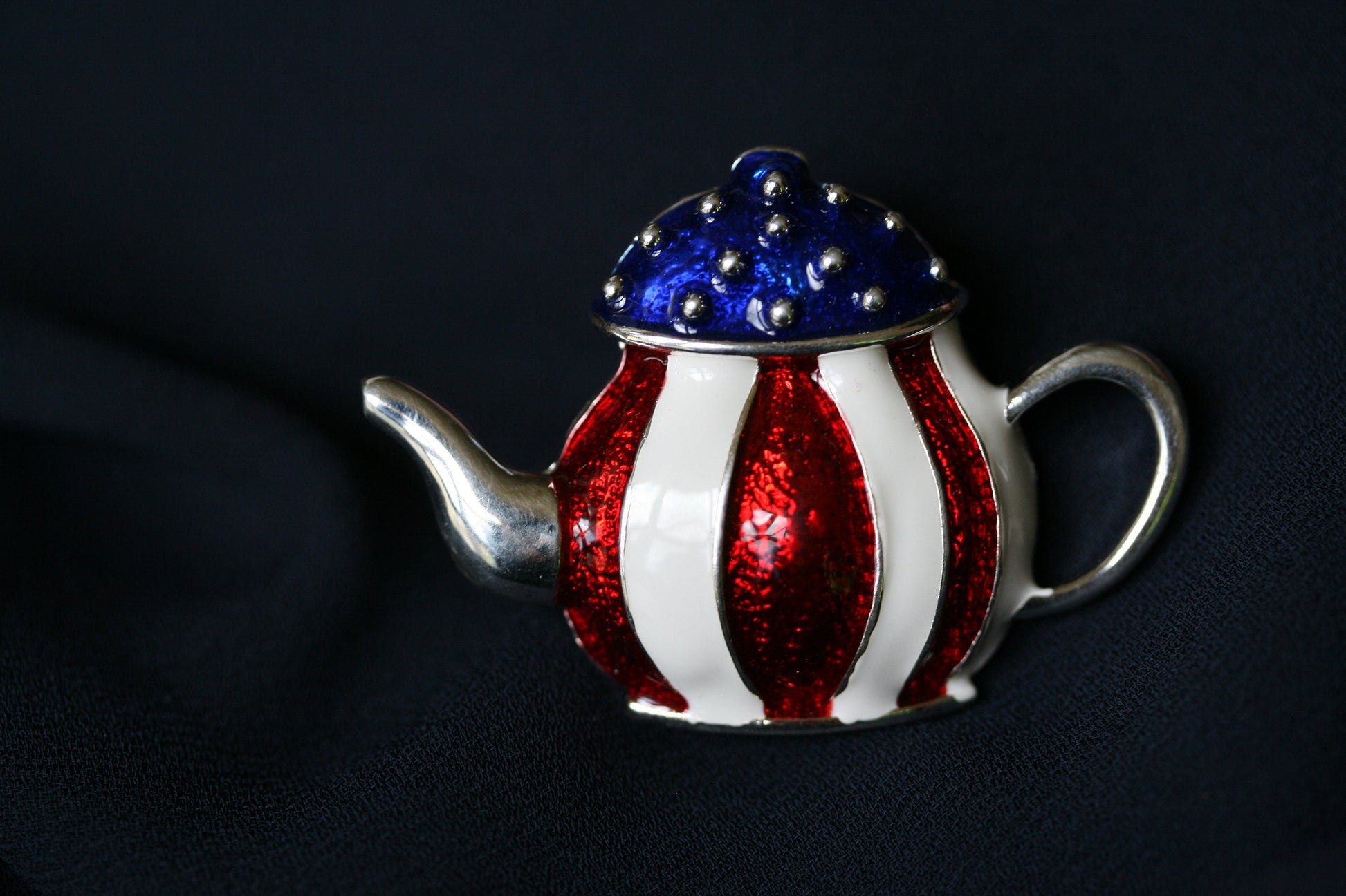 Patriotic Enamel Crystal Teapot Pin American Brooch Red White Blue Brooch American flag teapot kettle brooch, Fourth of July