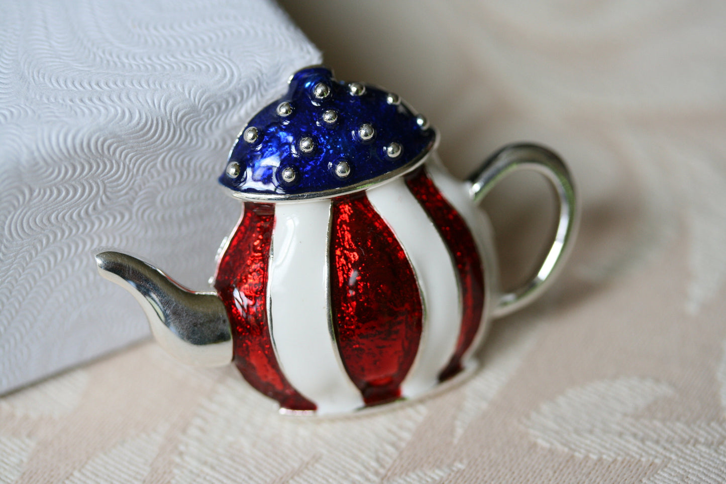 Patriotic Enamel Crystal Teapot Pin American Brooch Red White Blue Brooch American flag teapot kettle brooch, Fourth of July