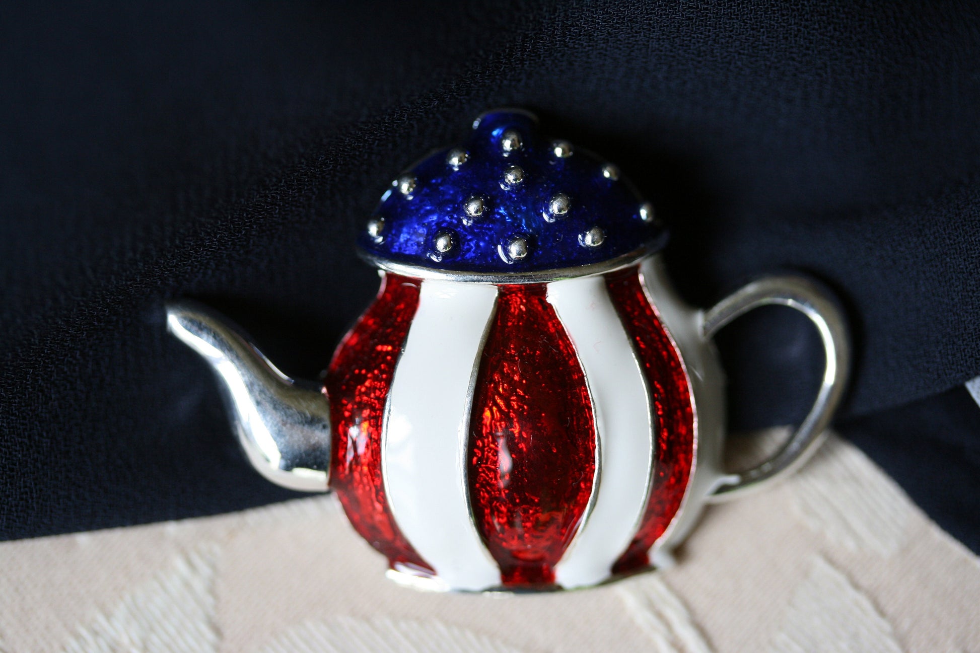 Patriotic Enamel Crystal Teapot Pin American Brooch Red White Blue Brooch American flag teapot kettle brooch, Fourth of July