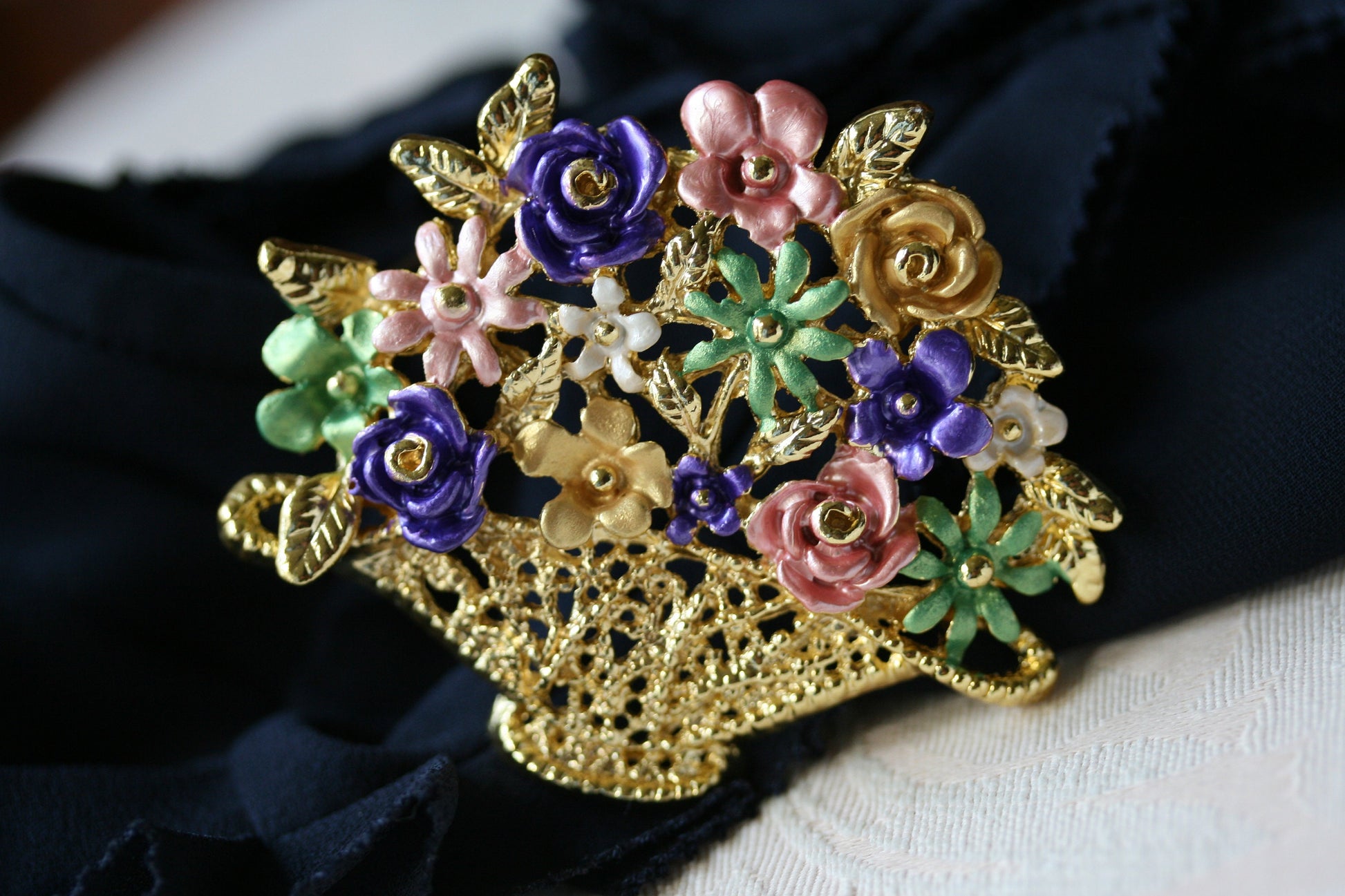 Vintage flower basket brooch enameled pastel flowers large display sweater pin gold tone metal filigree basket
