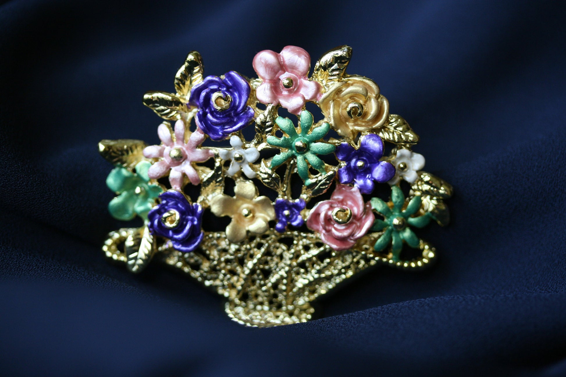 Vintage flower basket brooch enameled pastel flowers large display sweater pin gold tone metal filigree basket
