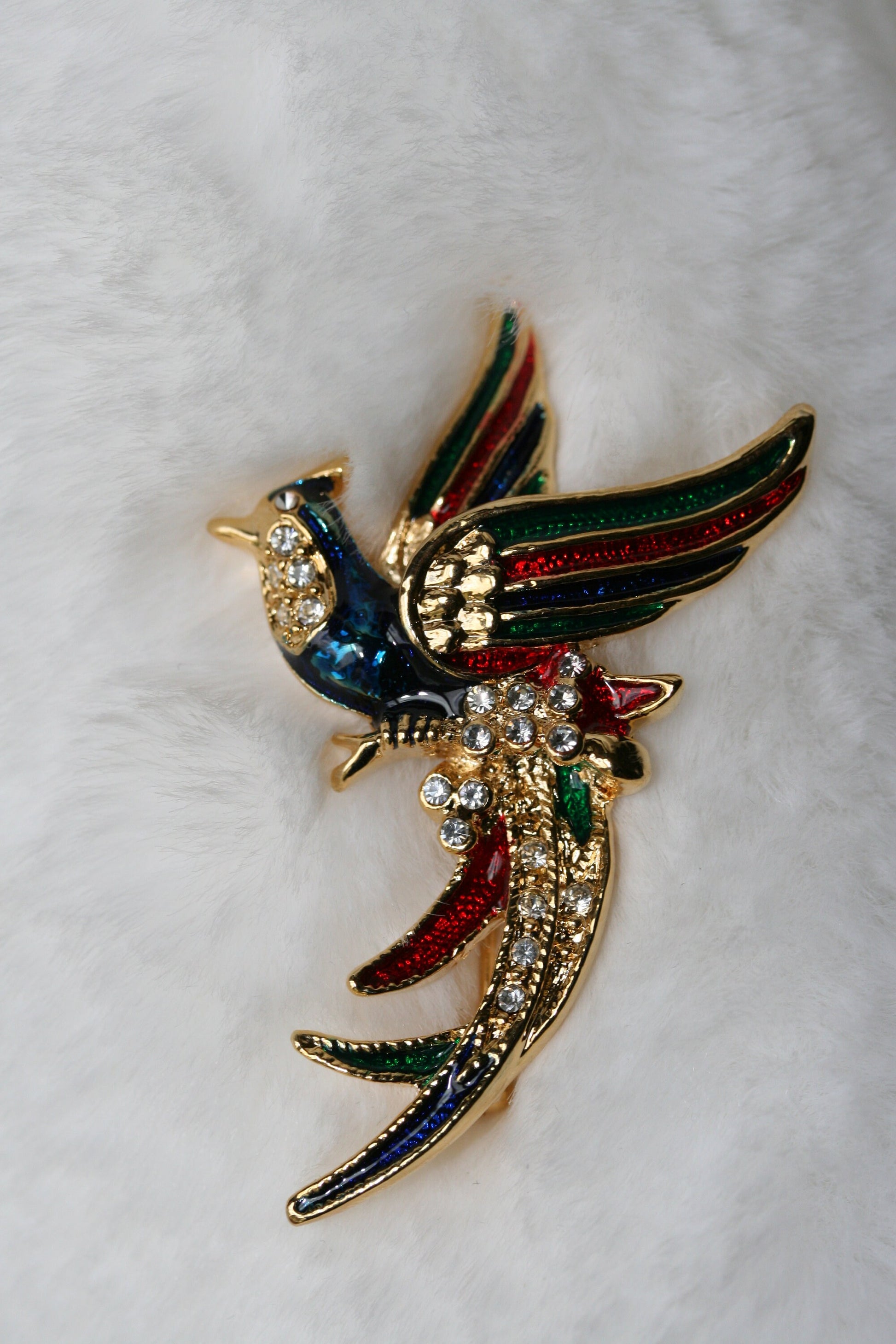 Vintage Rhinestone and Enamel Peacock Brooch, Crystal Peacock Pin For Her, Women Accessory