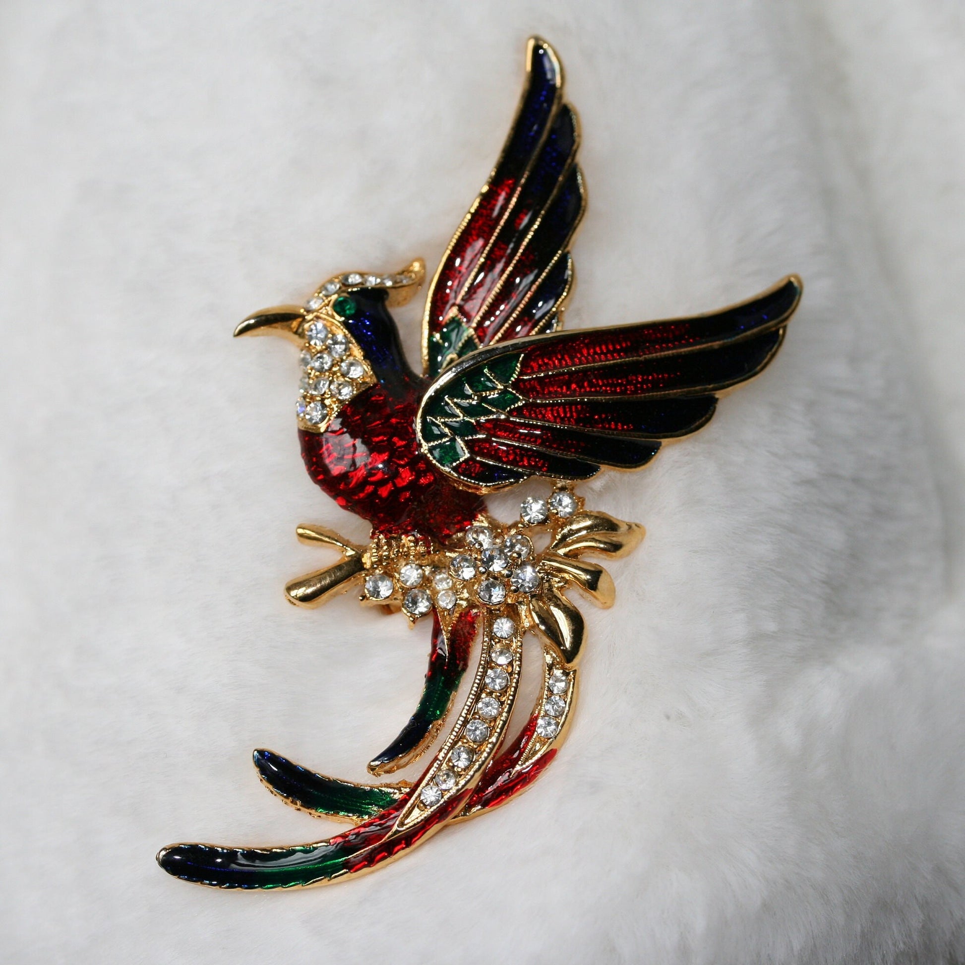 Vintage Rhinestone and Enamel Peacock Brooch, Crystal Peacock Pin For Her, Women Accessory