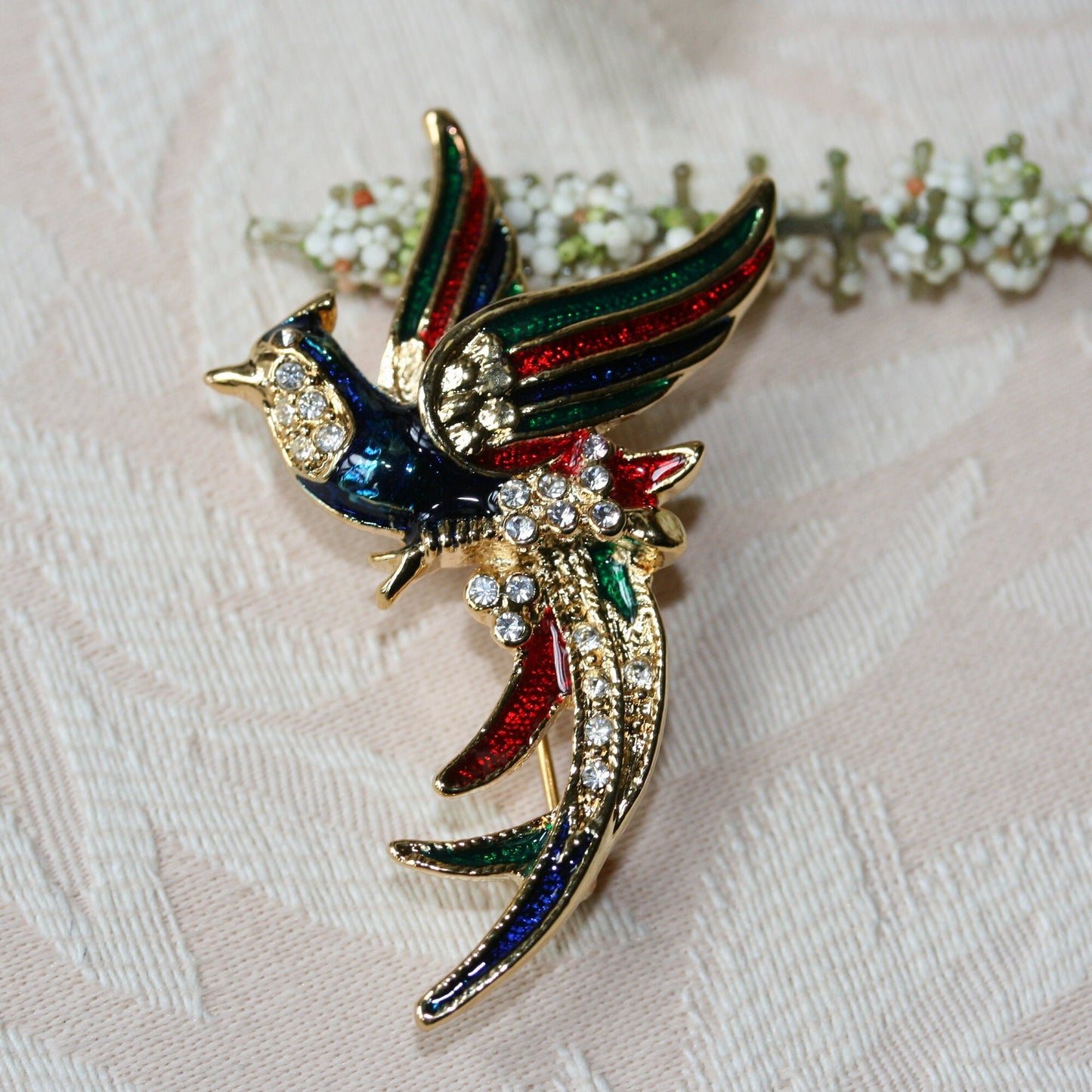 Vintage Rhinestone and Enamel Peacock Brooch, Crystal Peacock Pin For Her, Women Accessory