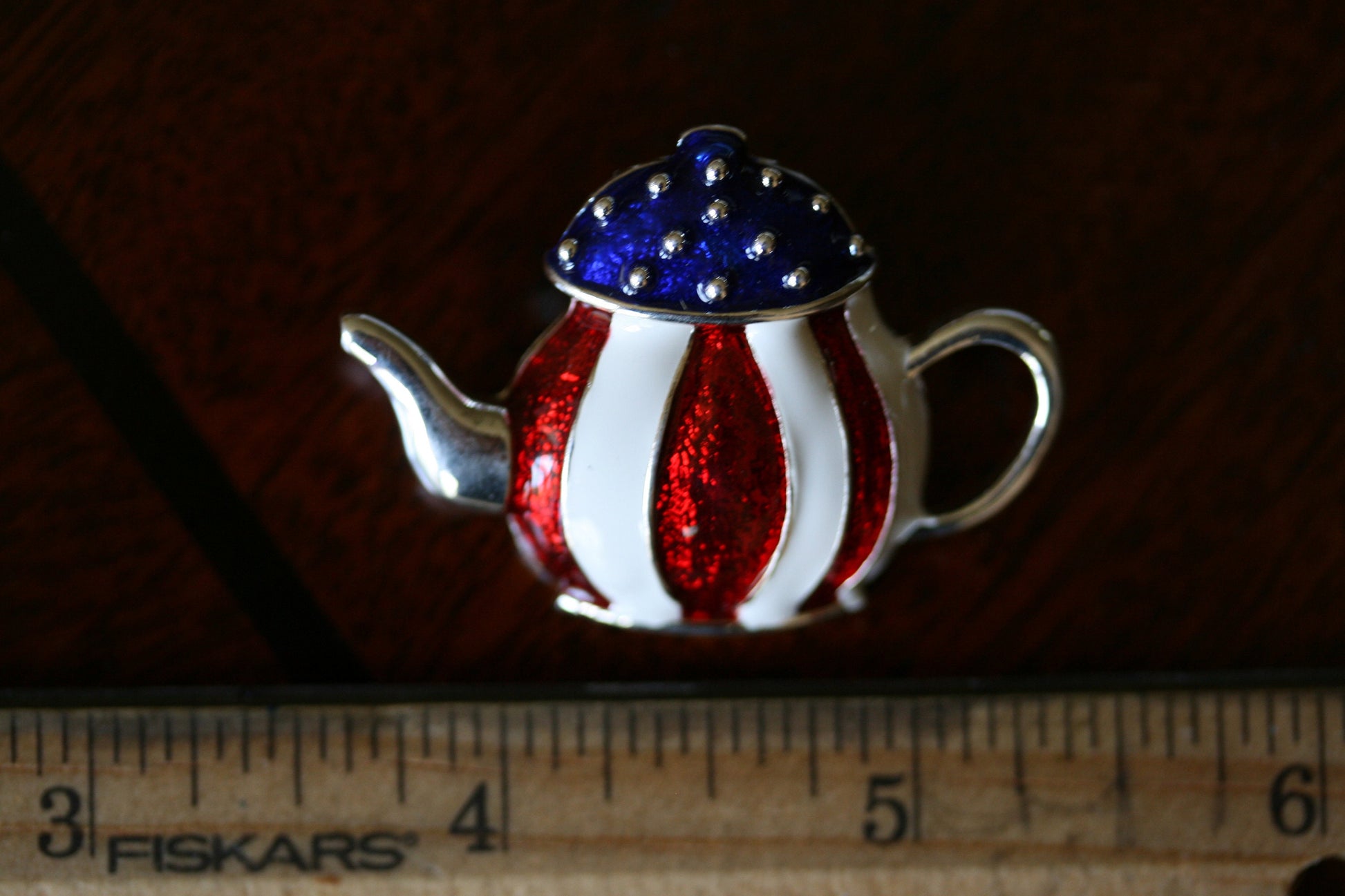 Patriotic Enamel Crystal Teapot Pin American Brooch Red White Blue Brooch American flag teapot kettle brooch, Fourth of July