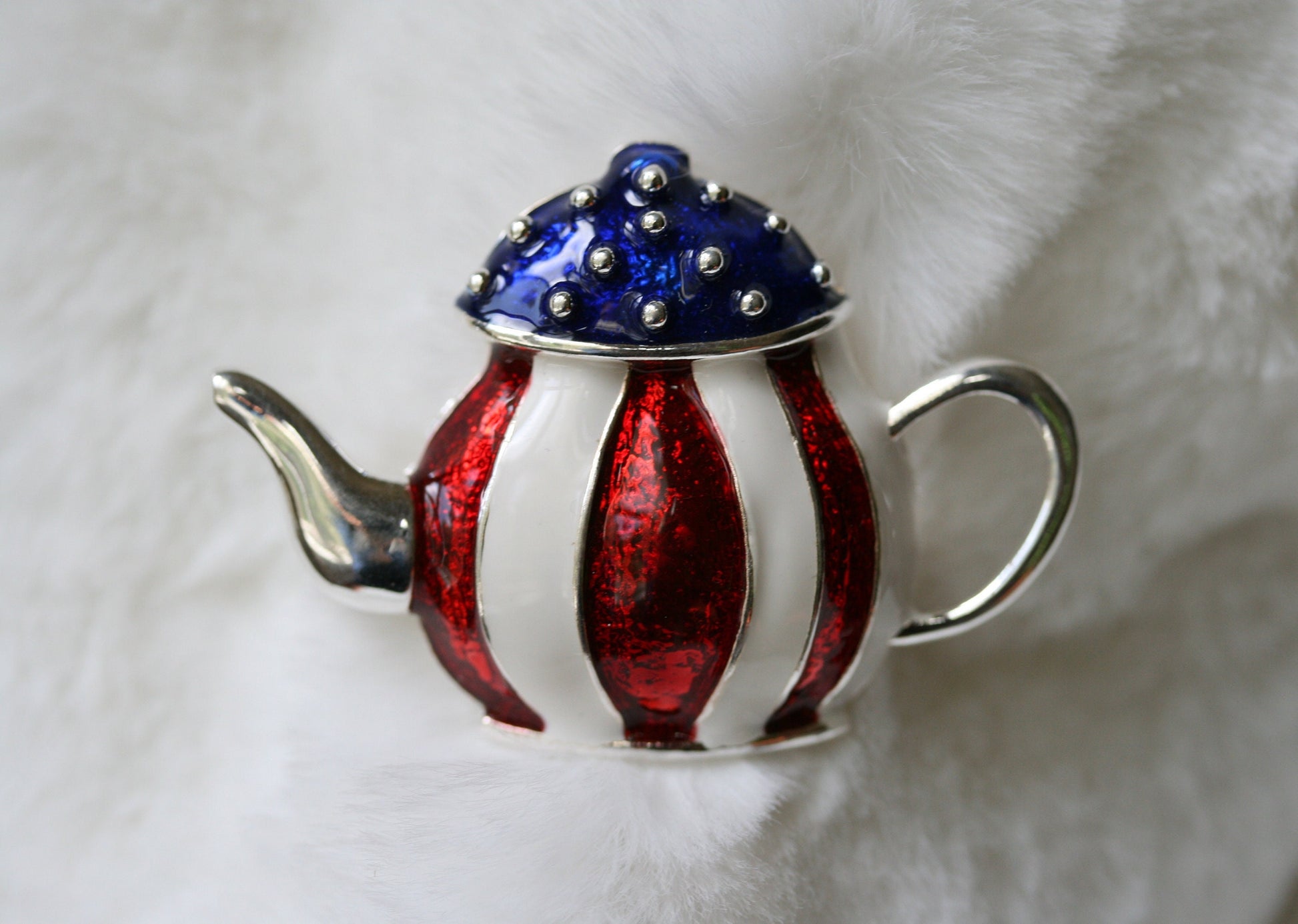 Patriotic Enamel Crystal Teapot Pin American Brooch Red White Blue Brooch American flag teapot kettle brooch, Fourth of July