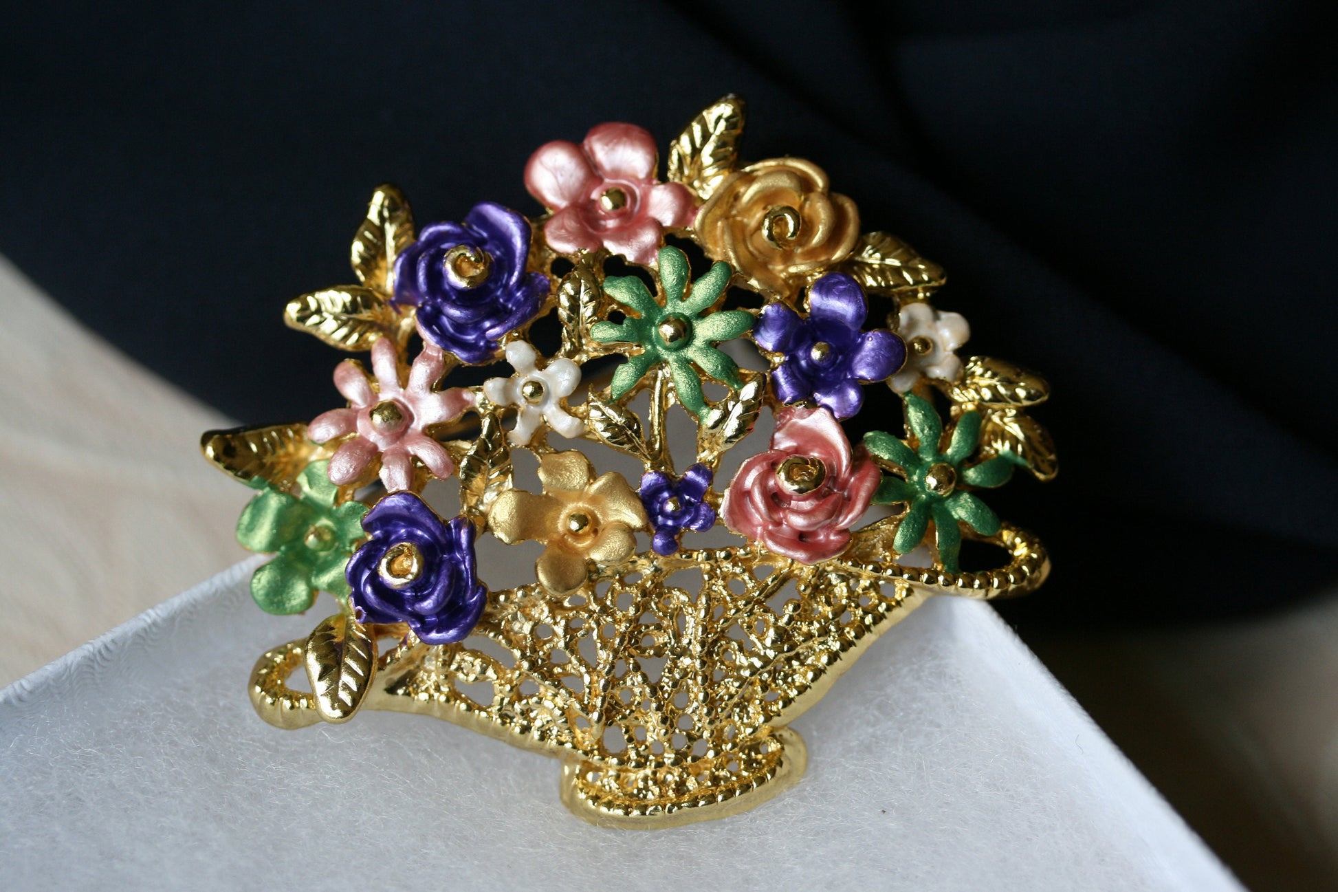 Vintage flower basket brooch enameled pastel flowers large display sweater pin gold tone metal filigree basket