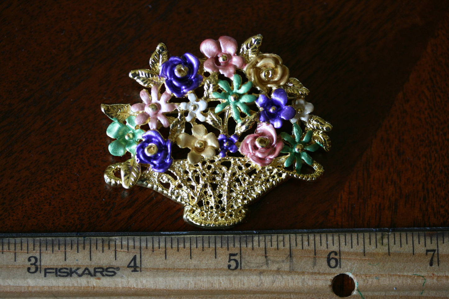 Vintage flower basket brooch enameled pastel flowers large display sweater pin gold tone metal filigree basket
