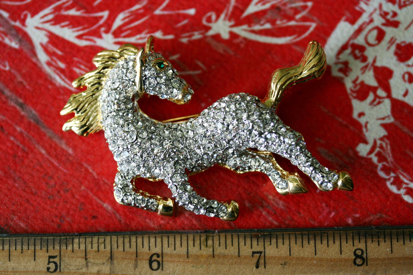 Vintage Art Rhinestone Galloping Horse Pin, Diamante Running Horse Brooch