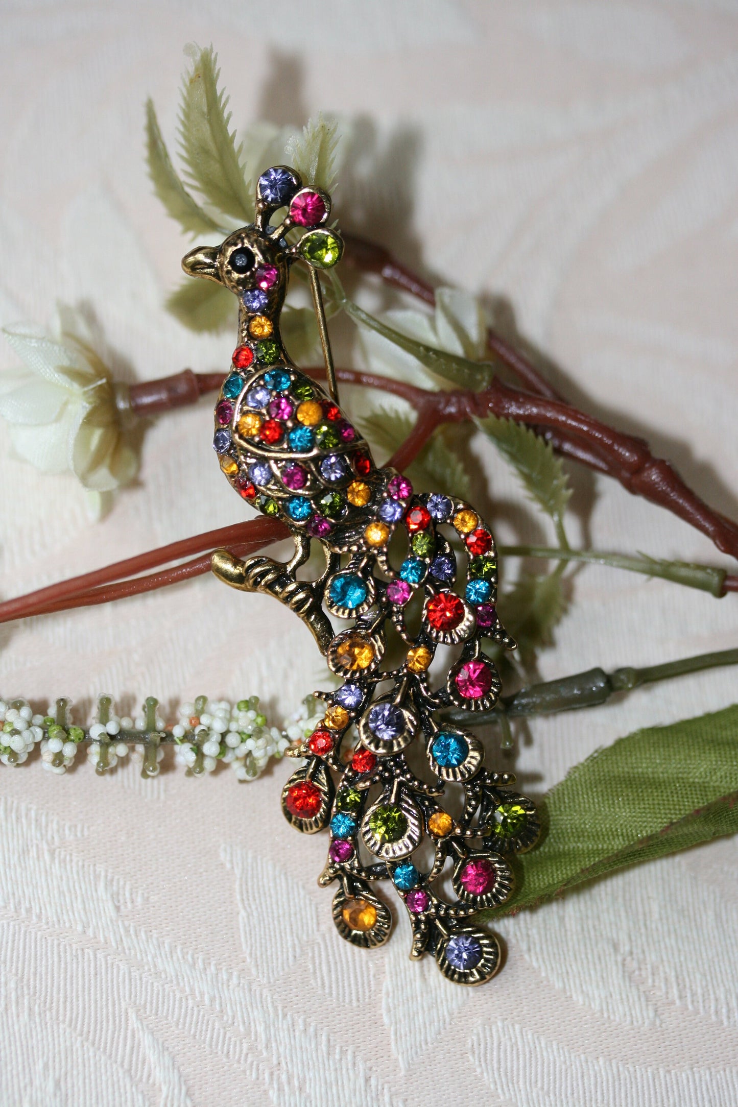 Vintage Rhinestone Peacock Brooch Pin