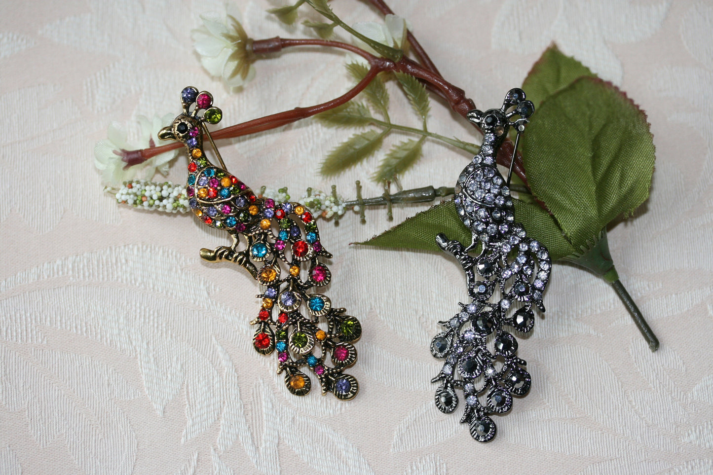 Vintage Rhinestone Peacock Brooch Pin