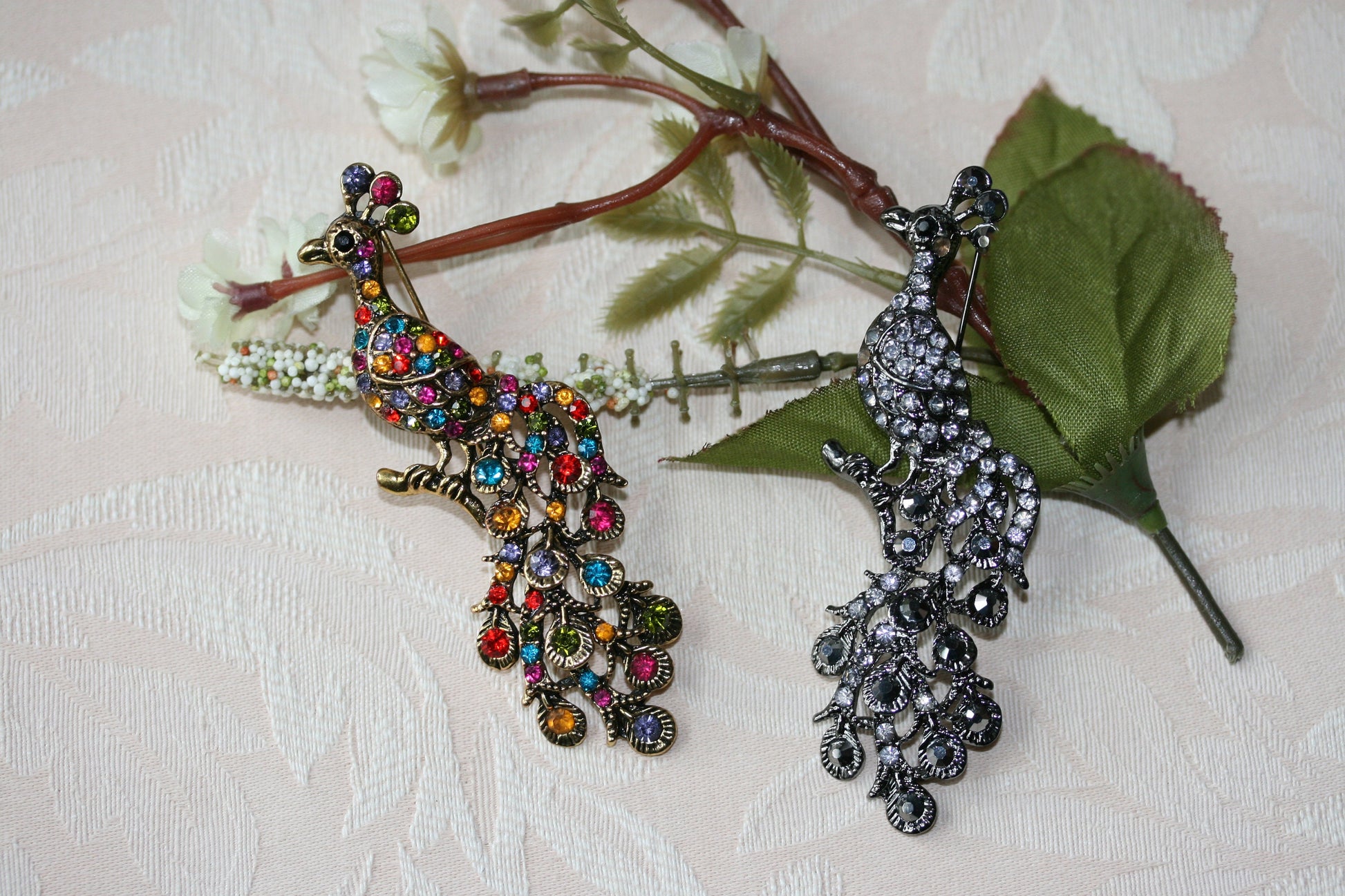 Vintage Rhinestone Peacock Brooch Pin