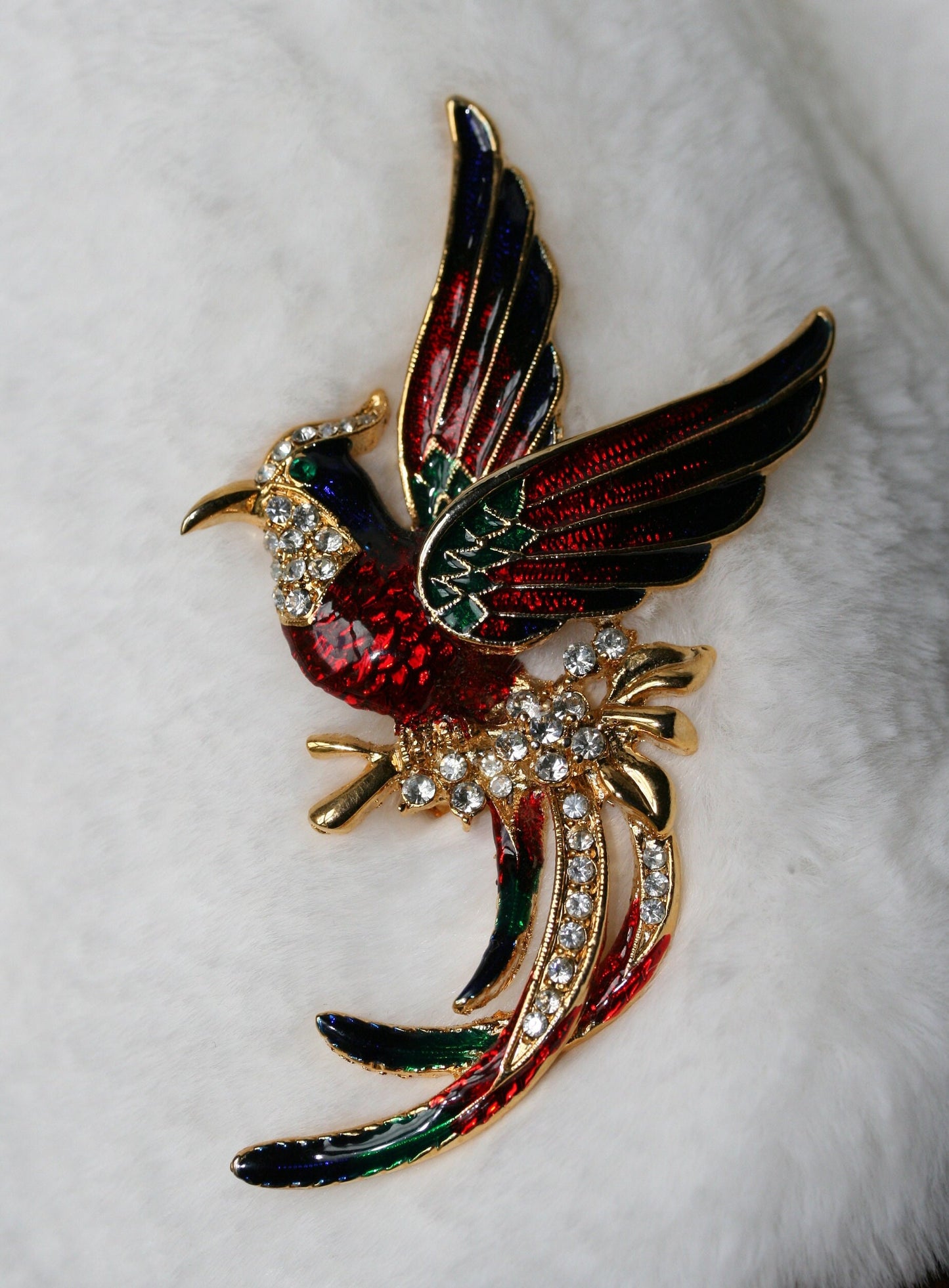 Vintage Rhinestone and Enamel Peacock Brooch, Crystal Peacock Pin For Her, Women Accessory