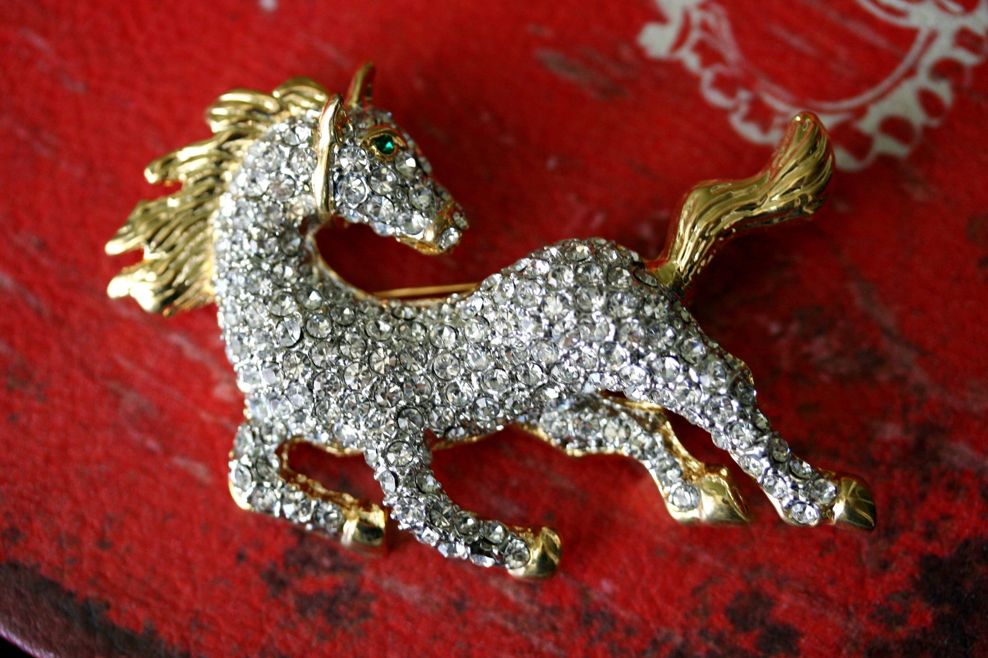 Vintage Art Rhinestone Galloping Horse Pin, Diamante Running Horse Brooch