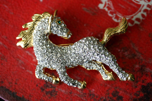 Vintage Art Rhinestone Galloping Horse Pin, Diamante Running Horse Brooch