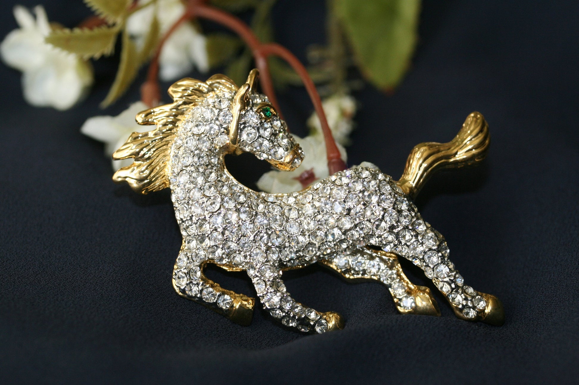Vintage Art Rhinestone Galloping Horse Pin, Diamante Running Horse Brooch