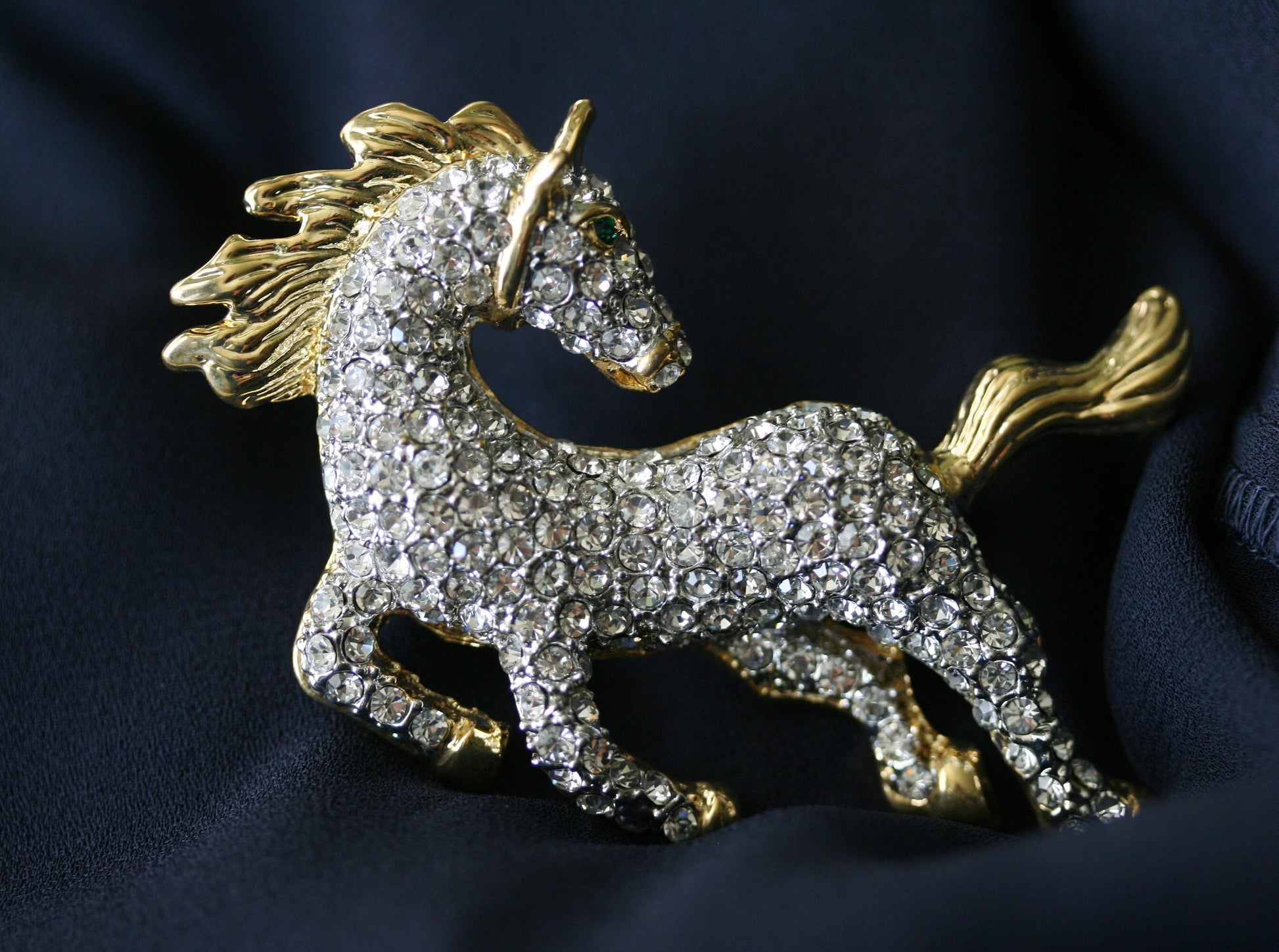 Vintage Art Rhinestone Galloping Horse Pin, Diamante Running Horse Brooch