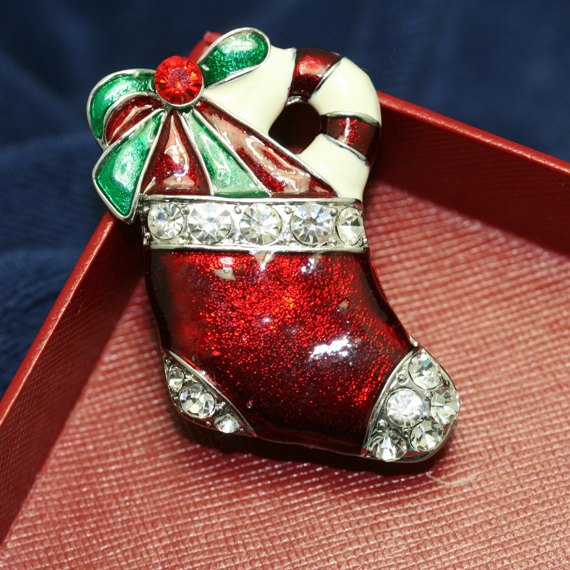 Red Enamel Rhinestone Christmas Stocking Pin Brooch, Xmas Stocking pin, Christmas Jewelry