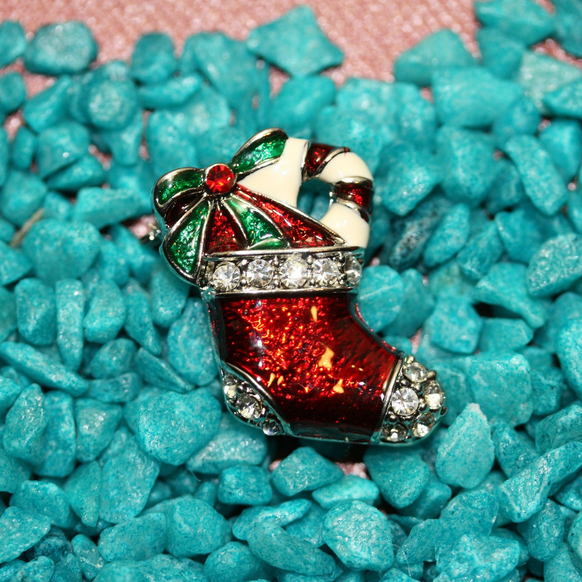 Red Enamel Rhinestone Christmas Stocking Pin Brooch, Xmas Stocking pin, Christmas Jewelry