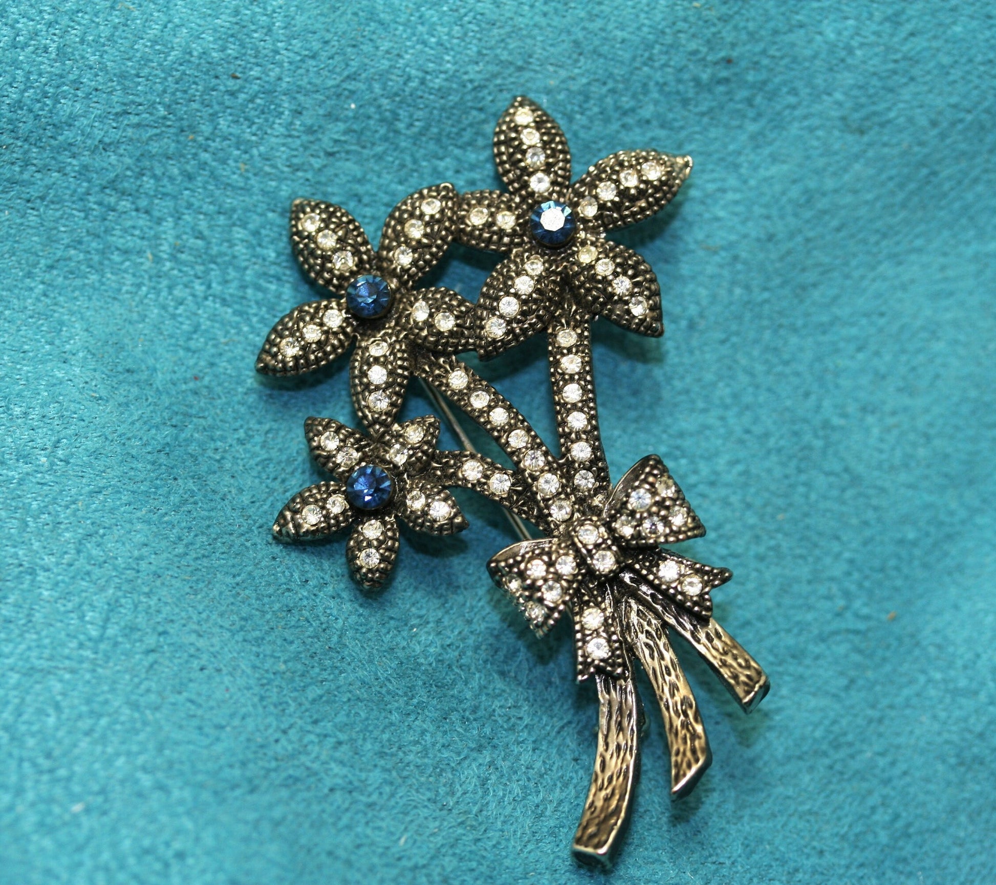 Vintage Blue Rhinestone Flower Bouquet Ribbon Bow Floral Brooch Pin - Wedding, bridal, unique gift, Antique Bunch of flowers Pin