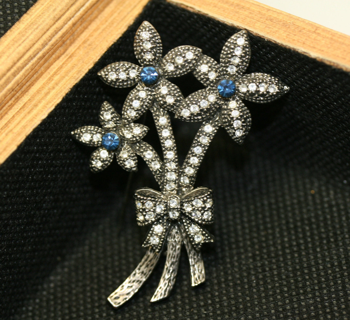 Vintage Blue Rhinestone Flower Bouquet Ribbon Bow Floral Brooch Pin - Wedding, bridal, unique gift, Antique Bunch of flowers Pin