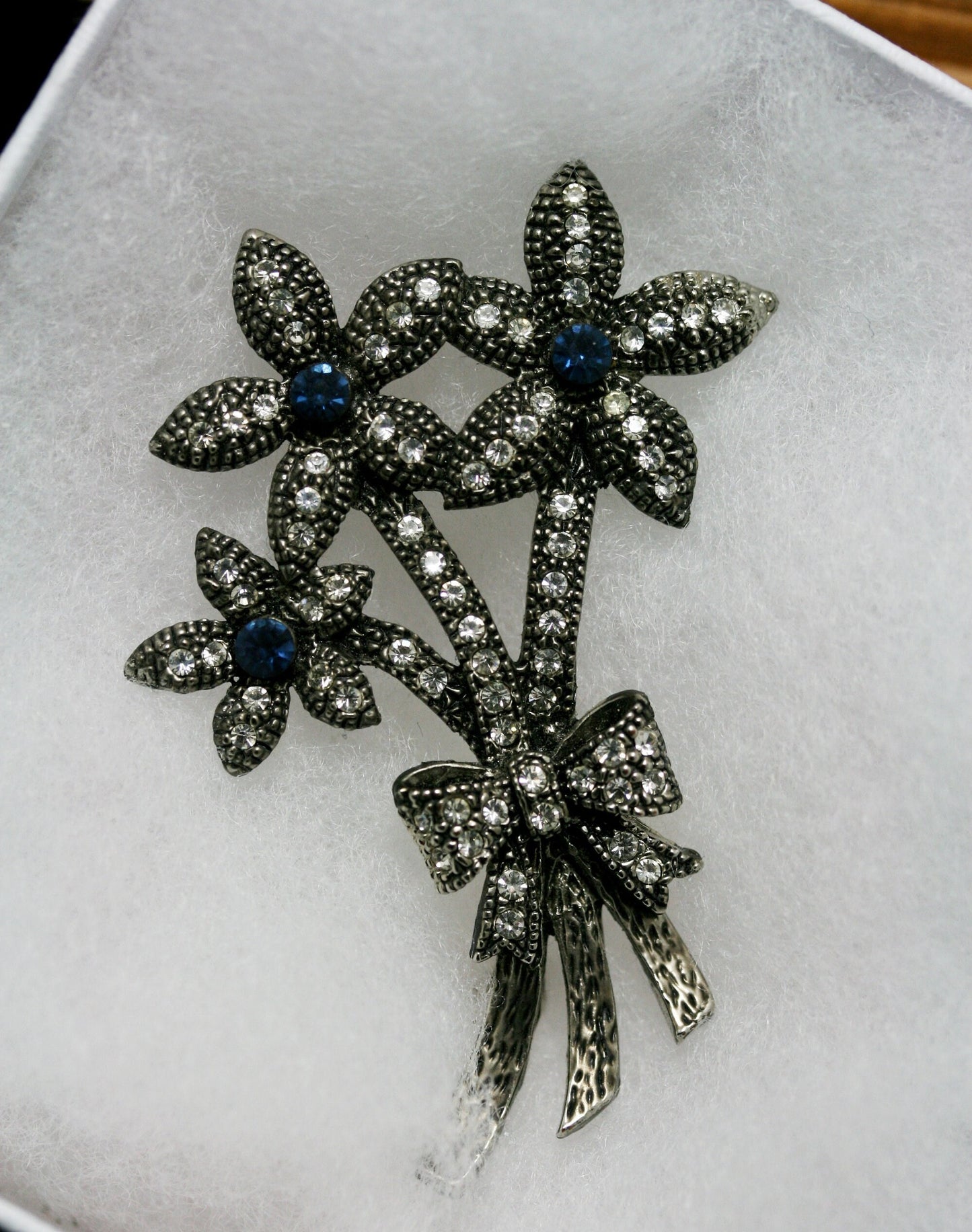 Vintage Blue Rhinestone Flower Bouquet Ribbon Bow Floral Brooch Pin - Wedding, bridal, unique gift, Antique Bunch of flowers Pin