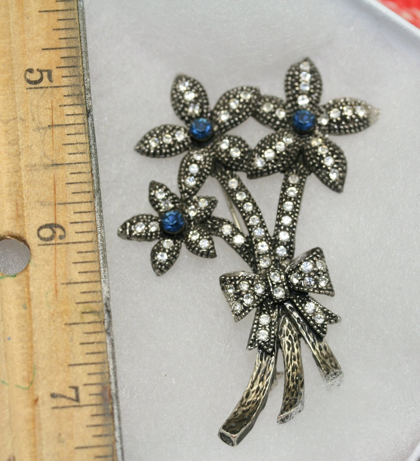 Vintage Blue Rhinestone Flower Bouquet Ribbon Bow Floral Brooch Pin - Wedding, bridal, unique gift, Antique Bunch of flowers Pin