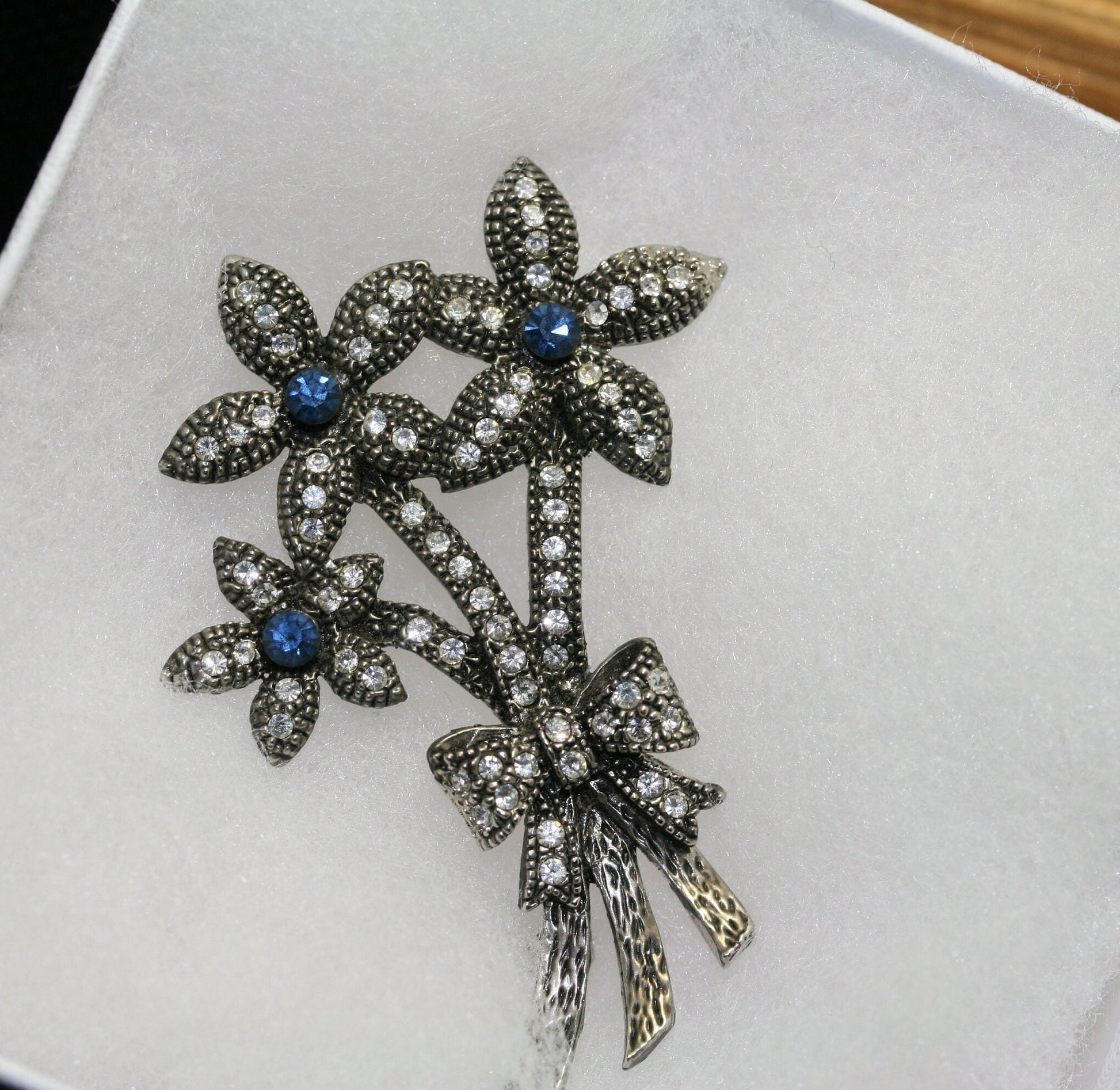 Vintage Blue Rhinestone Flower Bouquet Ribbon Bow Floral Brooch Pin - Wedding, bridal, unique gift, Antique Bunch of flowers Pin