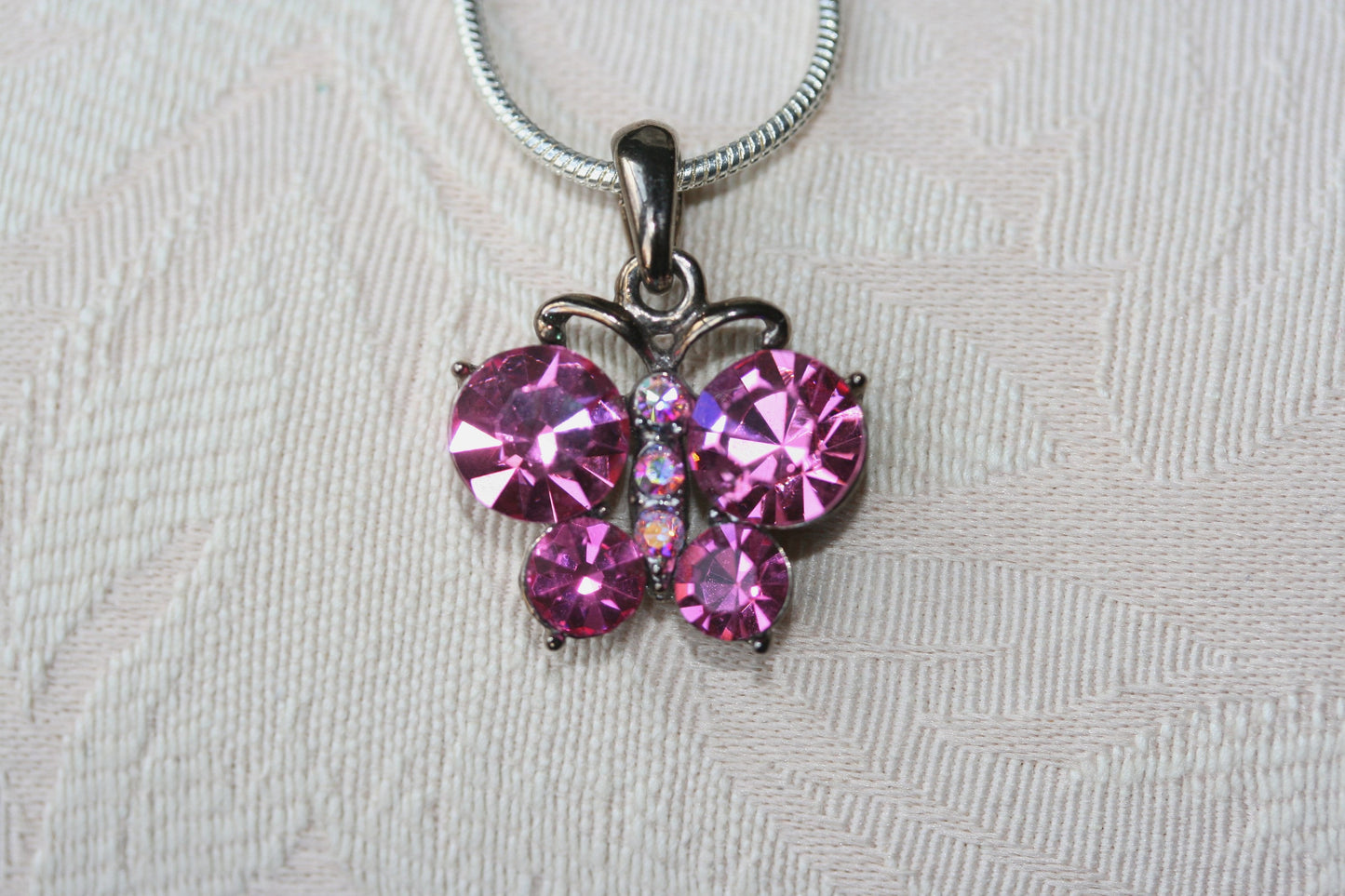 Pink Butterfly Necklace, Butterfly Pink Pendant Made With Swarovski Crystal Charm Necklace 18"+ Chain