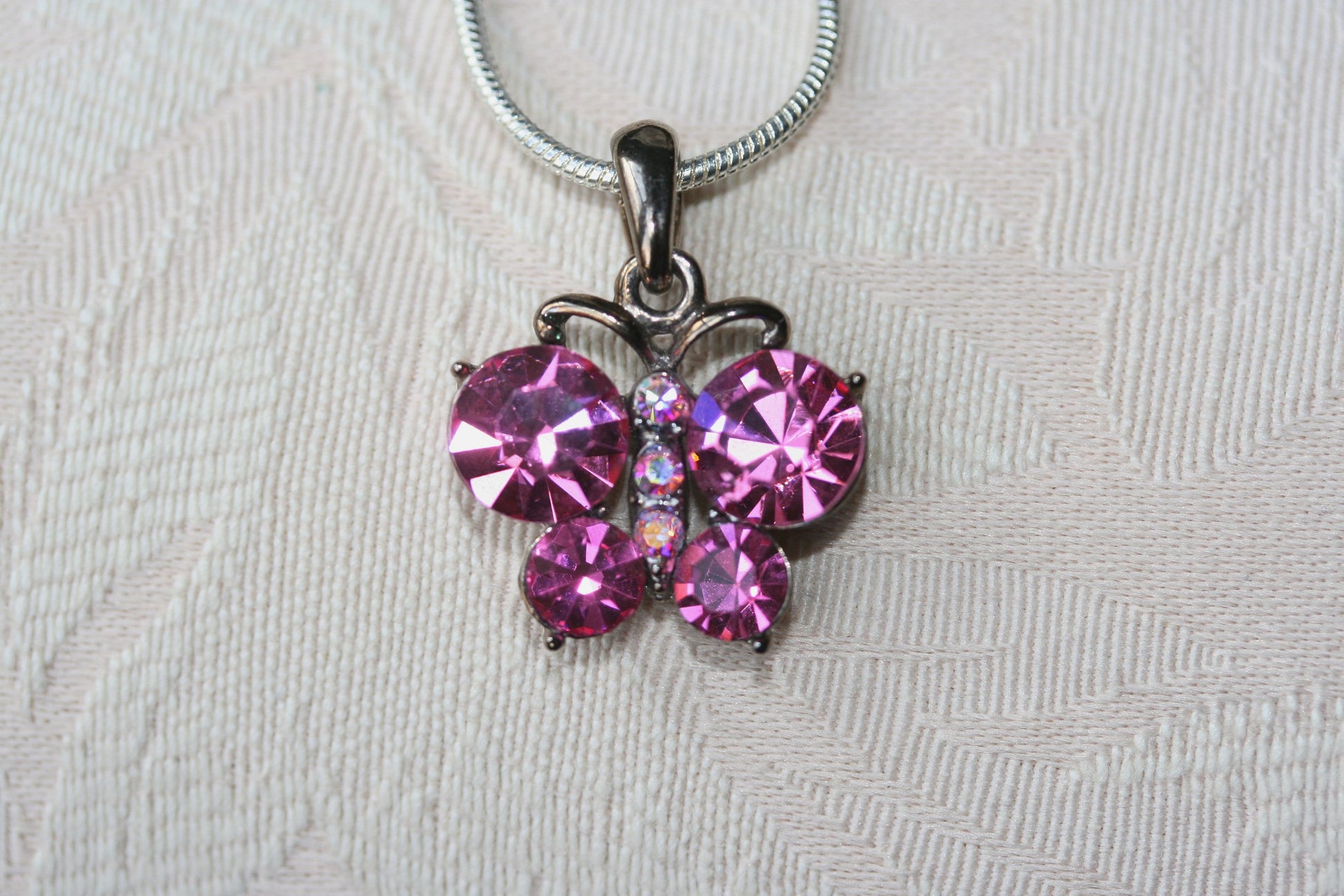 Pink Butterfly Necklace, Butterfly Pink Pendant Made With Swarovski Crystal Charm Necklace 18"+ Chain