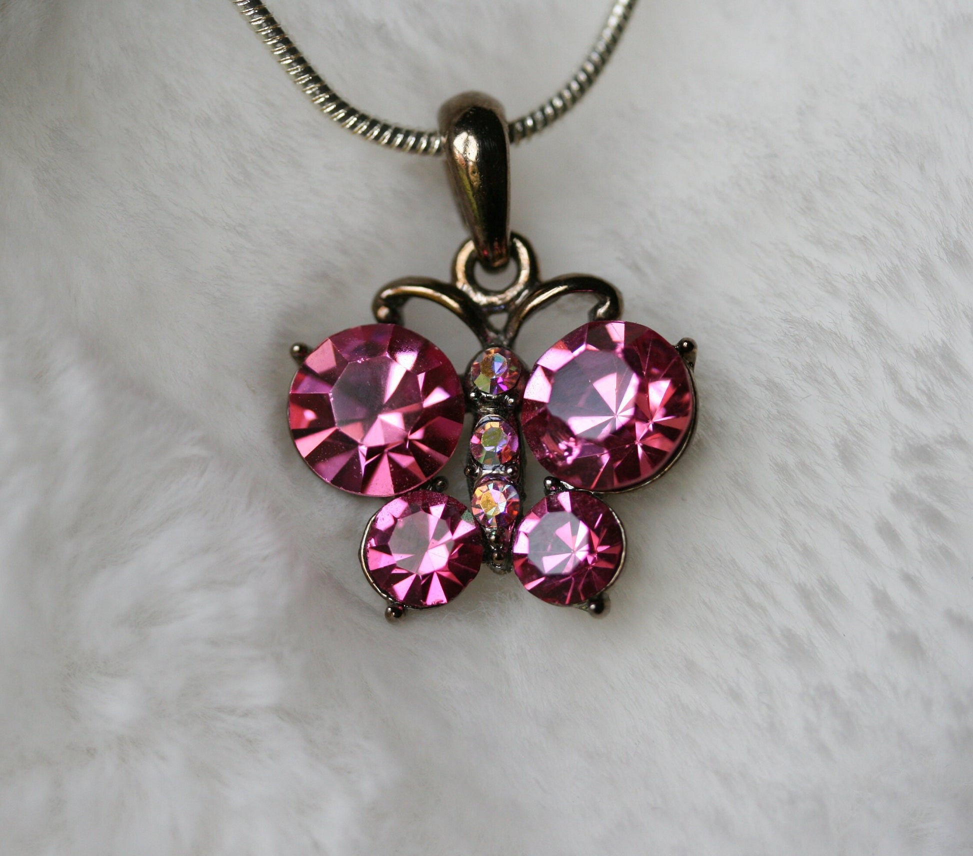 Pink Butterfly Necklace, Butterfly Pink Pendant Made With Swarovski Crystal Charm Necklace 18"+ Chain