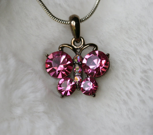 Pink Butterfly Necklace, Butterfly Pink Pendant Made With Swarovski Crystal Charm Necklace 18"+ Chain