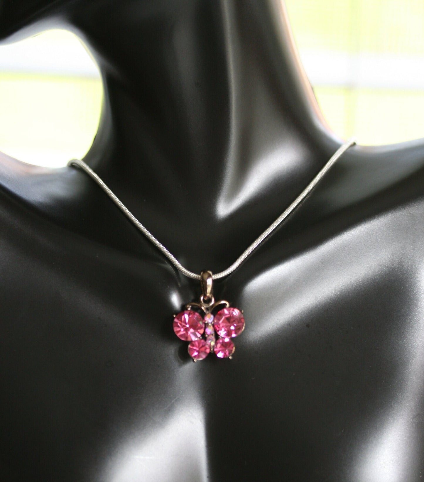 Pink Butterfly Necklace, Butterfly Pink Pendant Made With Swarovski Crystal Charm Necklace 18"+ Chain