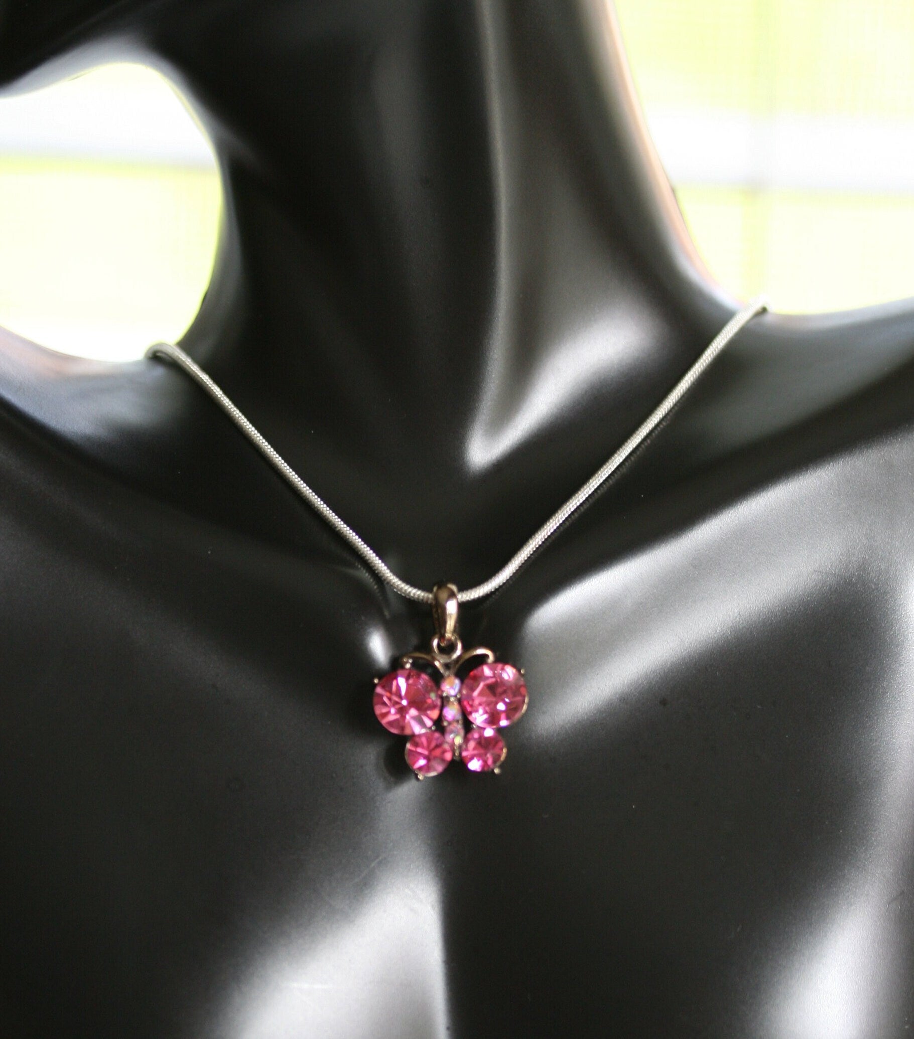 Pink Butterfly Necklace, Butterfly Pink Pendant Made With Swarovski Crystal Charm Necklace 18"+ Chain