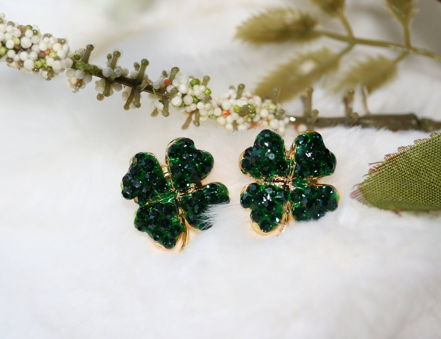 Rhinestone Shamrock Brooch, Crystal Shamrock Earrings , 4 Leaf Clover Pin, Irish Jewelry, St Patrick's Shamrock Pin & Earrings