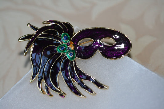 New Orleans Mardi Gras Mask Brooch Pin Enamel Rhinestones Gold Tone