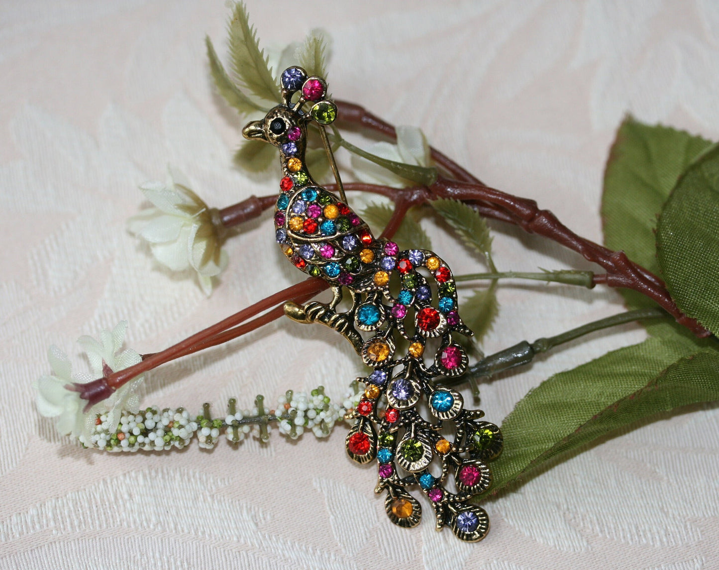 Vintage Rhinestone Peacock Brooch Pin