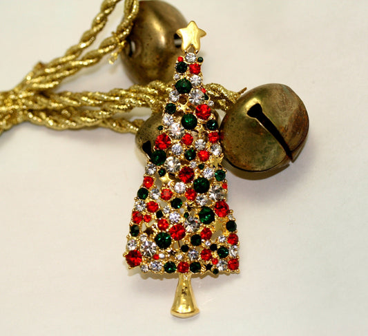 Rhinestone Christmas Tree Brooch, Vintage Gold-Tone Diamond Emerald Ruby Xmas Tree Brooch Pin, Holiday Jewelry