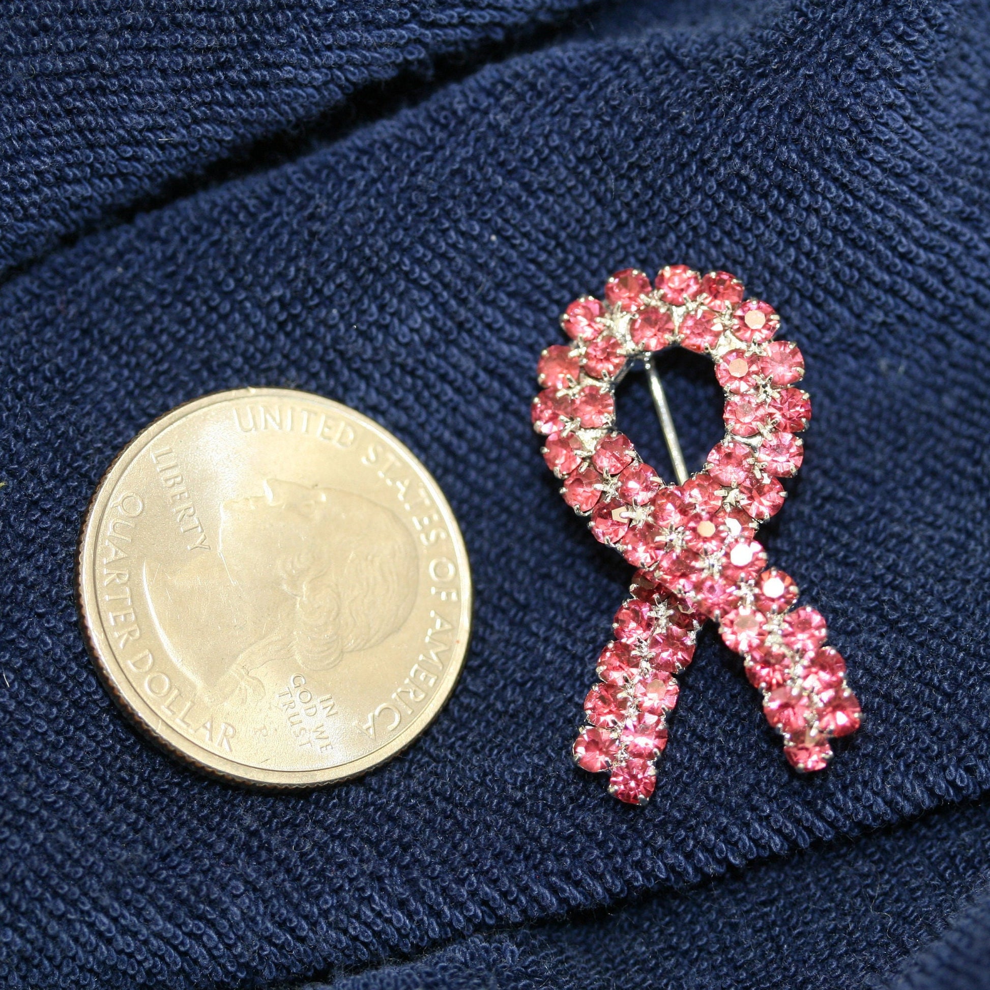 Pink Ribbon Breast Cancer Awareness Pin Brooch Silver-Tone Pink Rhinestones Jewelry